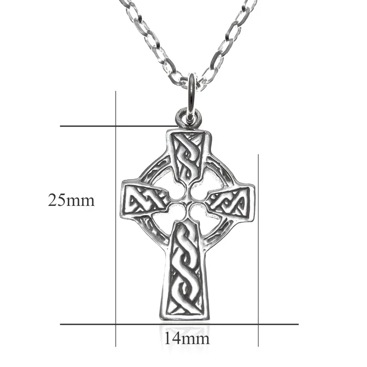 Sterling Silver Celtic cross pendant, product dimensions shown, 14mm width by 25mm height
