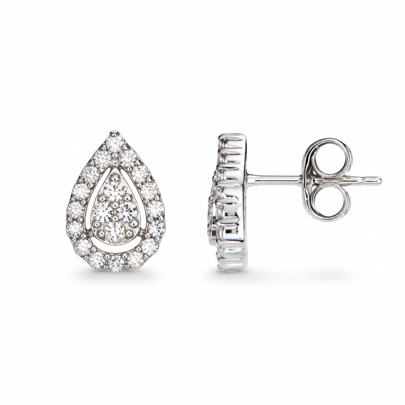 Sterling Silver Teardrop Stud Earrings, Pave-Set CZ
