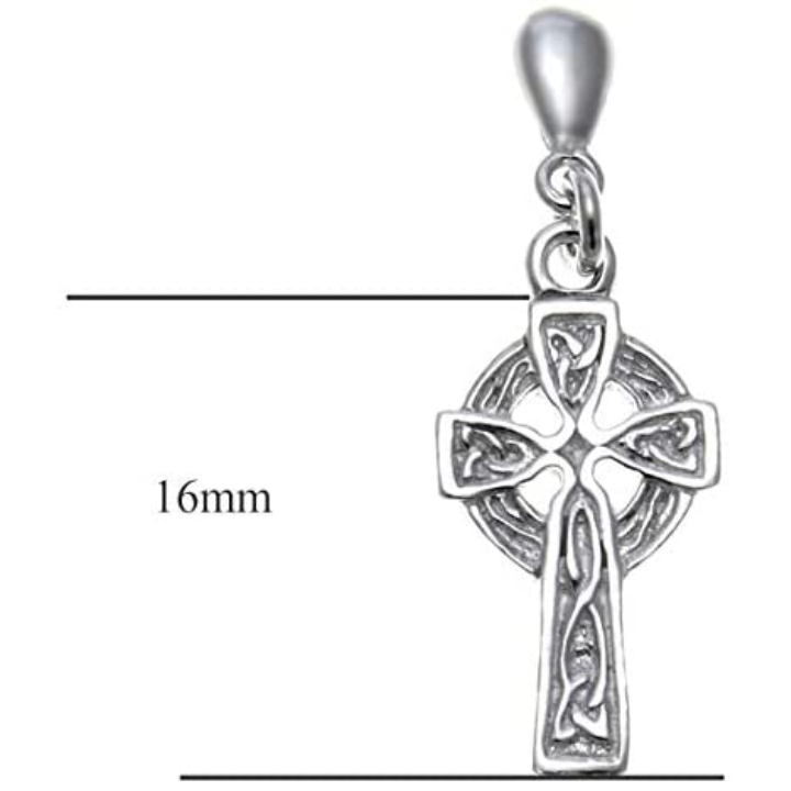 Sterling Silver Celtic Cross Drop Earrings, ringed crosshead, embossed knotwork shaft, oxidised finish, push back fitting, product dimensions shown, height 16mm.