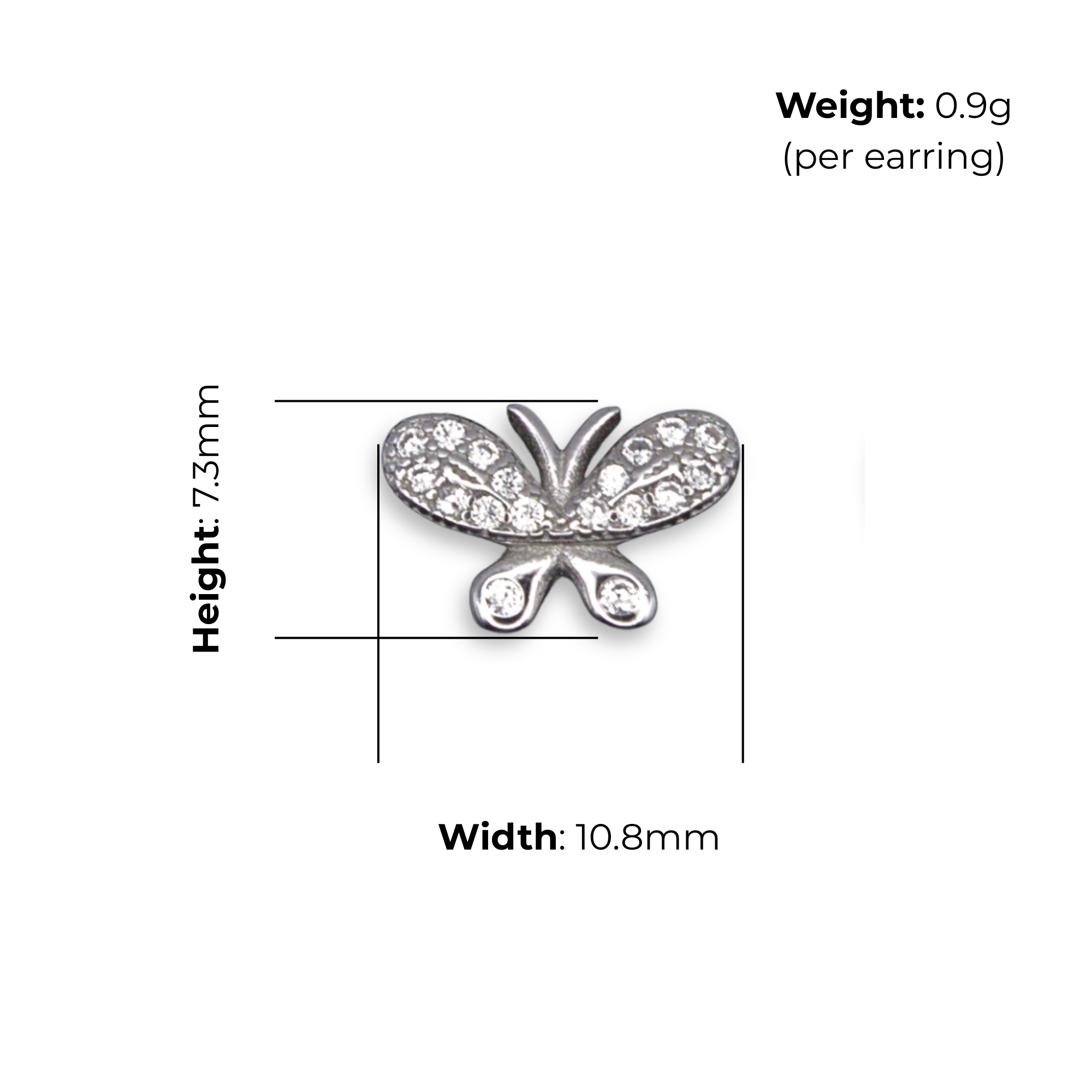 Sterling Silver Butterfly CZ Stud Earrings, product dimensions shown, width 10.8mm, height 7.3mm, weight 0.9g per earring