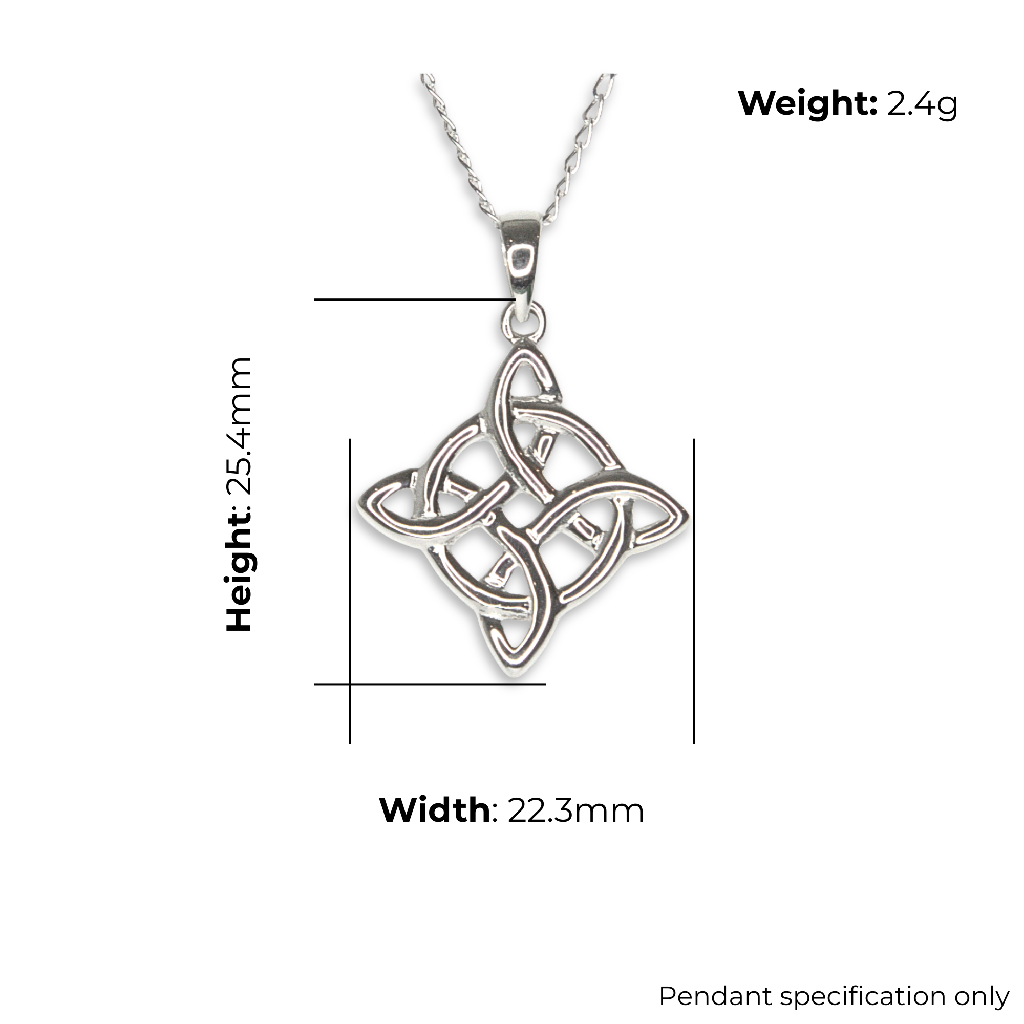 Silver Celtic Knotwork Pendant, circular interlaced disc, four-point radiating projections, product dimensions shown, width 22.3mm, height 25.4mm, weight 2.4g, pendant specification only