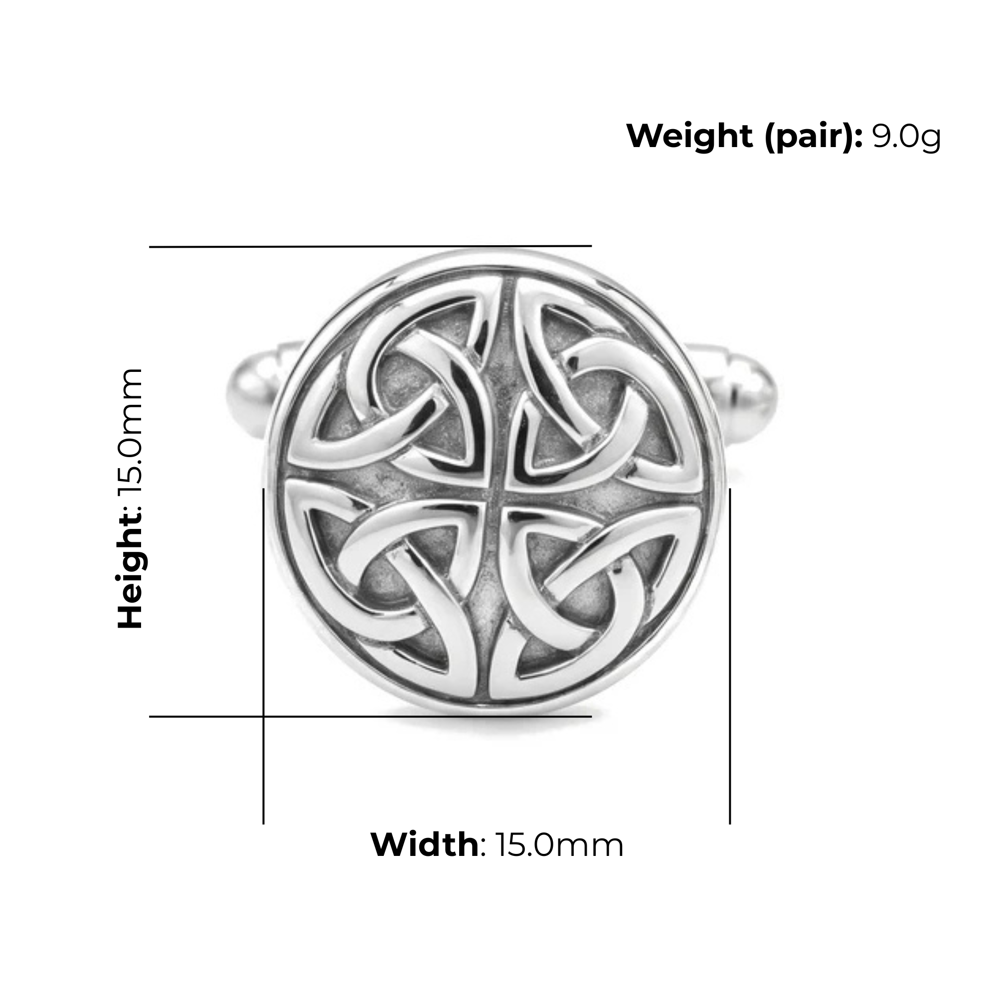 Sterling Silver Celtic Knot Cufflinks, high polish finish, product dimensions shown, width 15mm, height 15mm, weight (pair) 9g