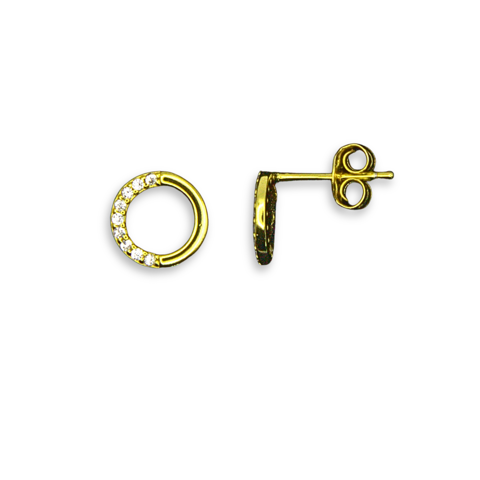 Sterling Silver Open Circle Stud Earrings, Gold Plated, Pave-Set CZ