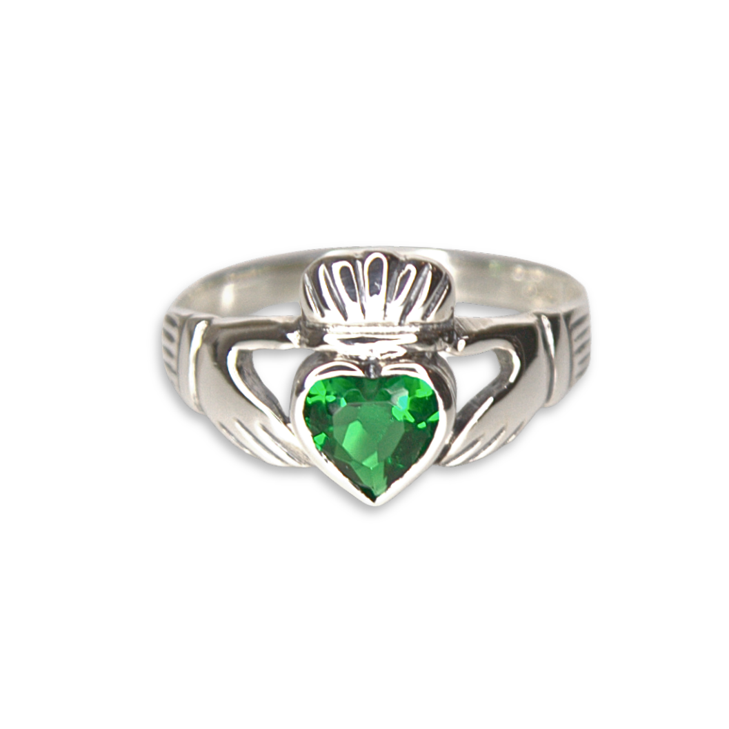 Silver Celtic Claddagh and Green Heart Stone Ring (SSR8988)