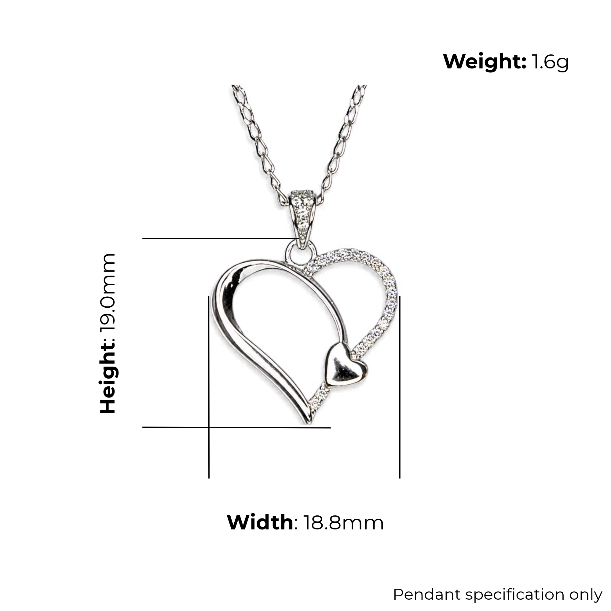 Sterling Silver Asymmetric Heart Pendant with CZ, product dimensions shown, width 18.8mm, height 19mm, weight 1.6g, pendant specification only