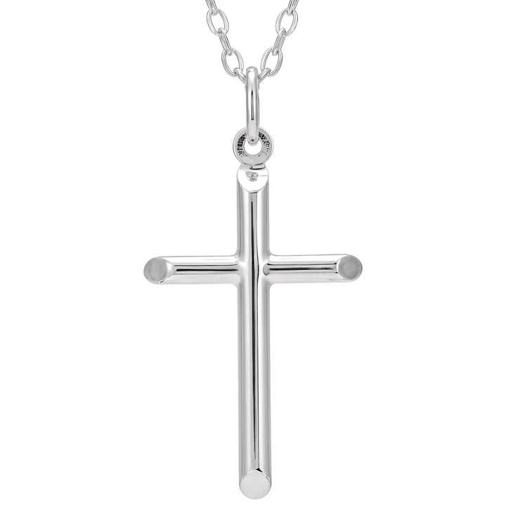 Sterling Silver plain cross pendant, round tubular arms, disc pad terminals, unisex proportions, high polish, 35mm