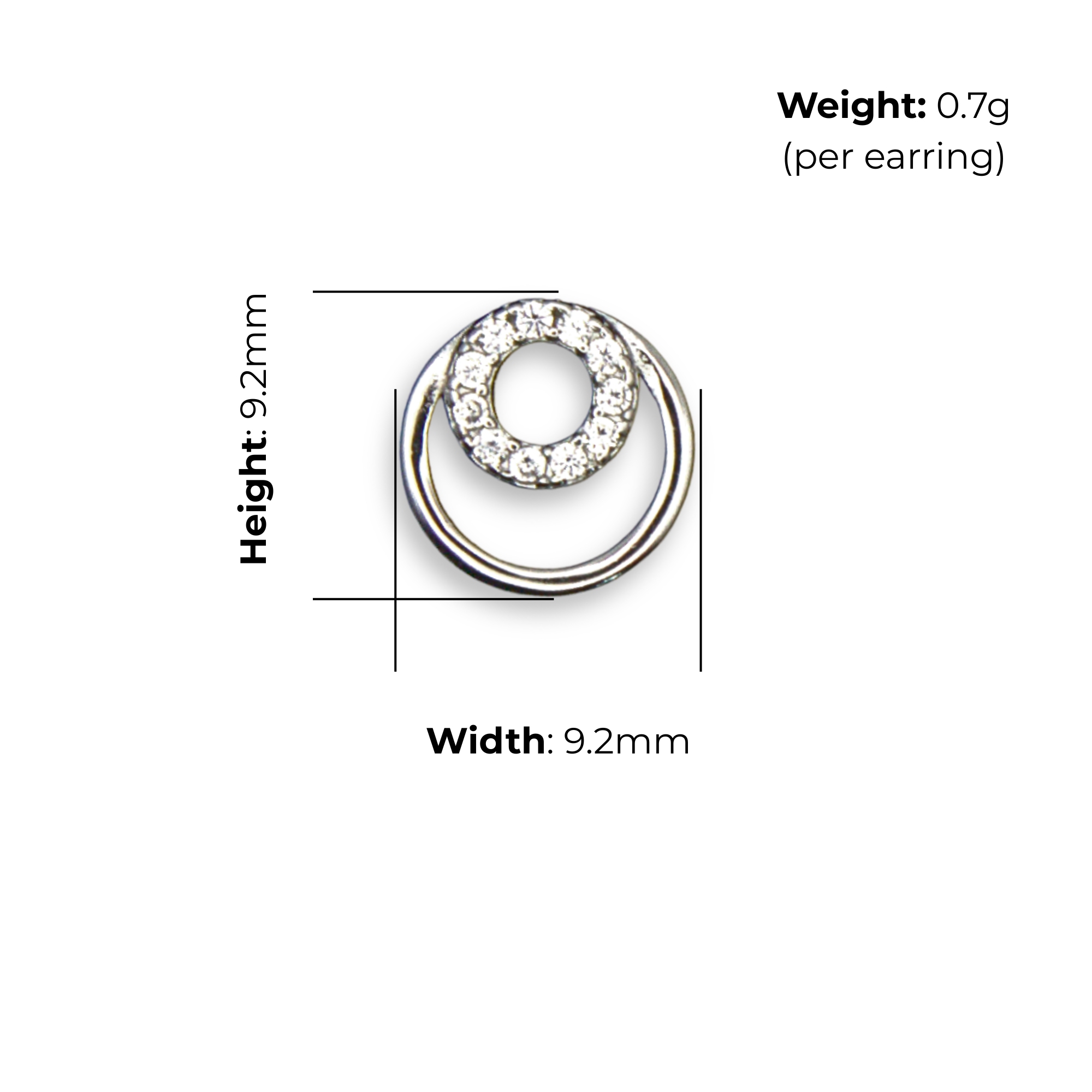 Sterling Silver Interlocking Circles Stud Earrings, Pave-Set CZ, product dimensions shown, width 9.2mm, height 9.2mm, weight 0.7g per earring.