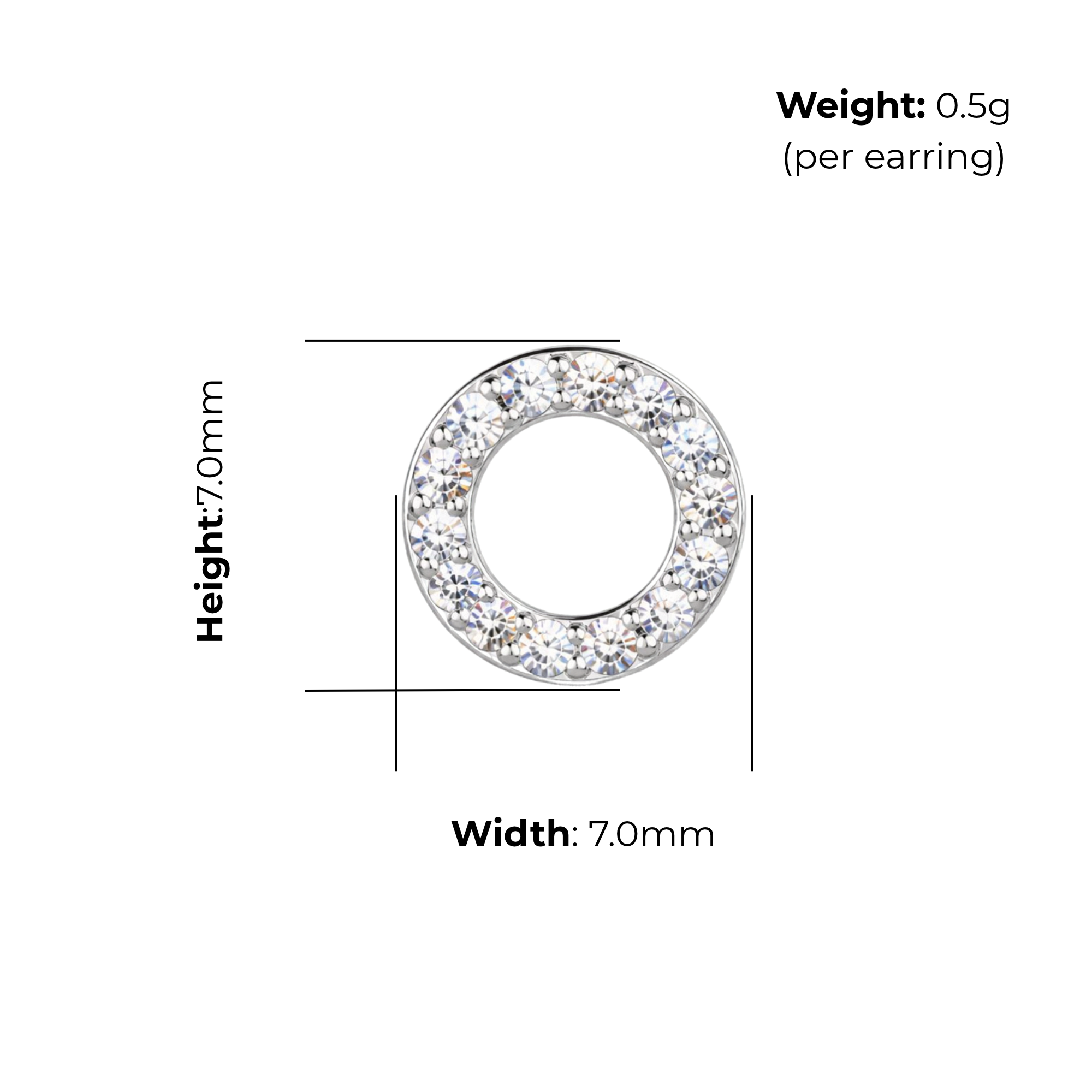 Sterling Silver Open Circle Stud Earrings, Pave-Set CZ Detail, product dimensions shown, width 7.0mm, height 7.0mm, weight 0.5g per earring.