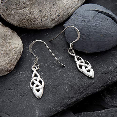 Sterling Silver Celtic Knotwork Navette Drop Earrings, Trinity knot interlace, high mirror polish, fish hook fitting, shown on Scottish slate with sea stones and dried botanicals