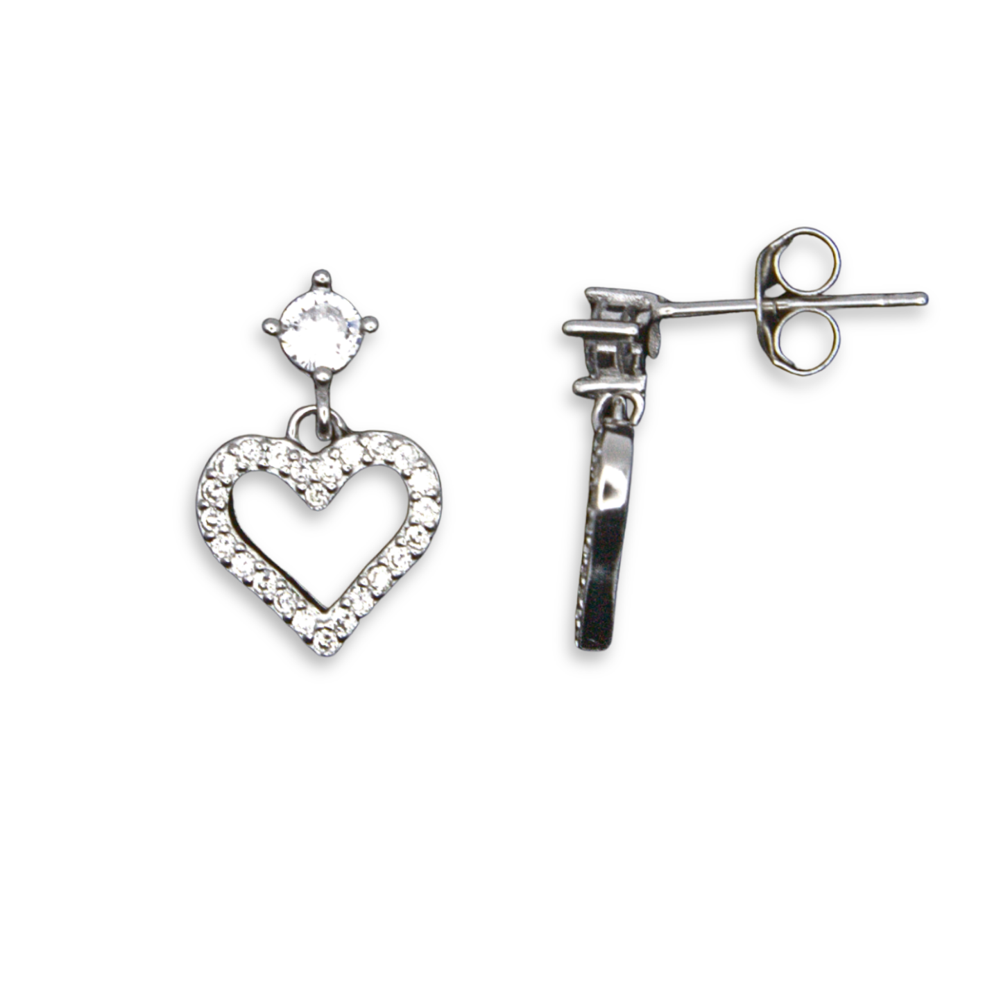Sterling Silver Open Heart Stud Earrings, CZ Stud with Pave-Set Heart Drop