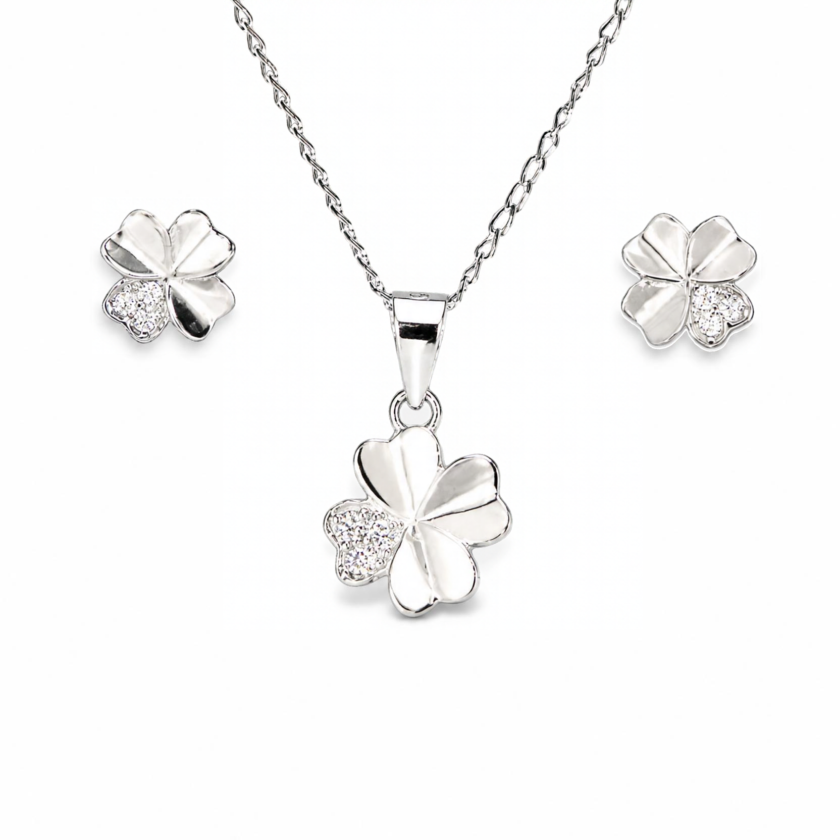 Silver Donna Ricardo Four-Leaf Clover Pendant & Stud Earring Set (DRS4001)