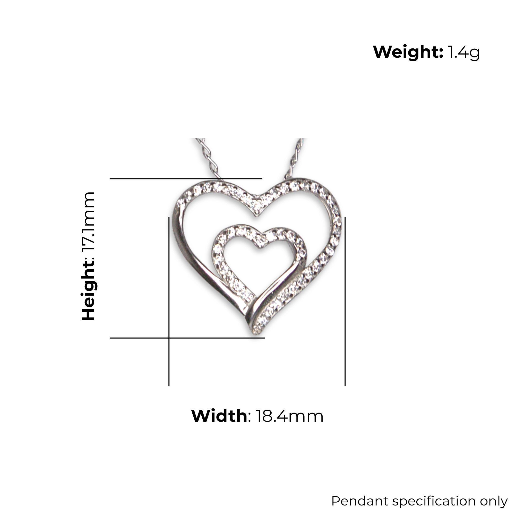 Sterling Silver Double Heart Pendant with CZ, product dimensions shown, width 18.4mm, height 17.1mm, weight 1.4g, pendant specification only