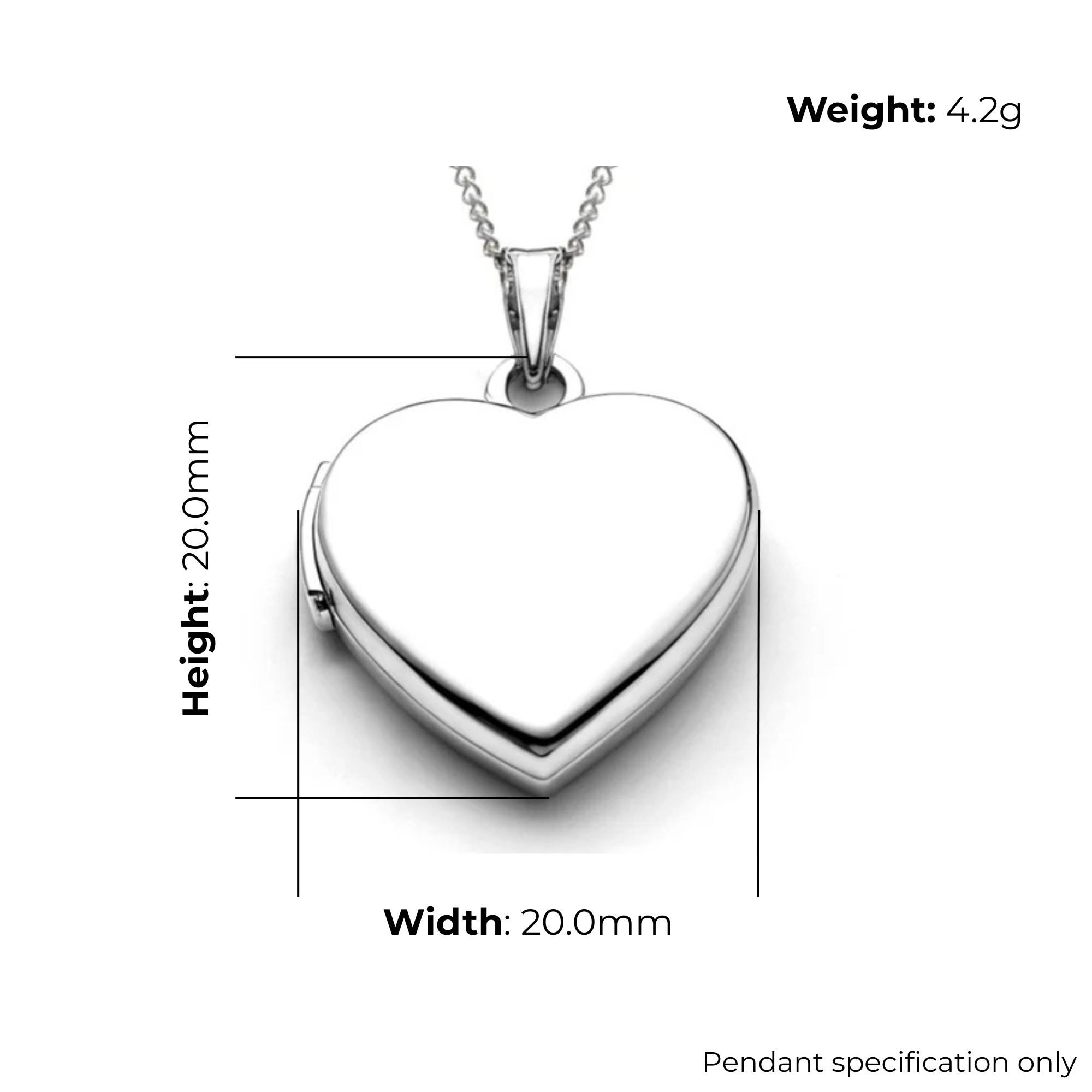 Sterling Silver Heart Locket, plain polished, product dimensions shown, width 20mm, height 20mm, weight 4.2g, pendant specification only