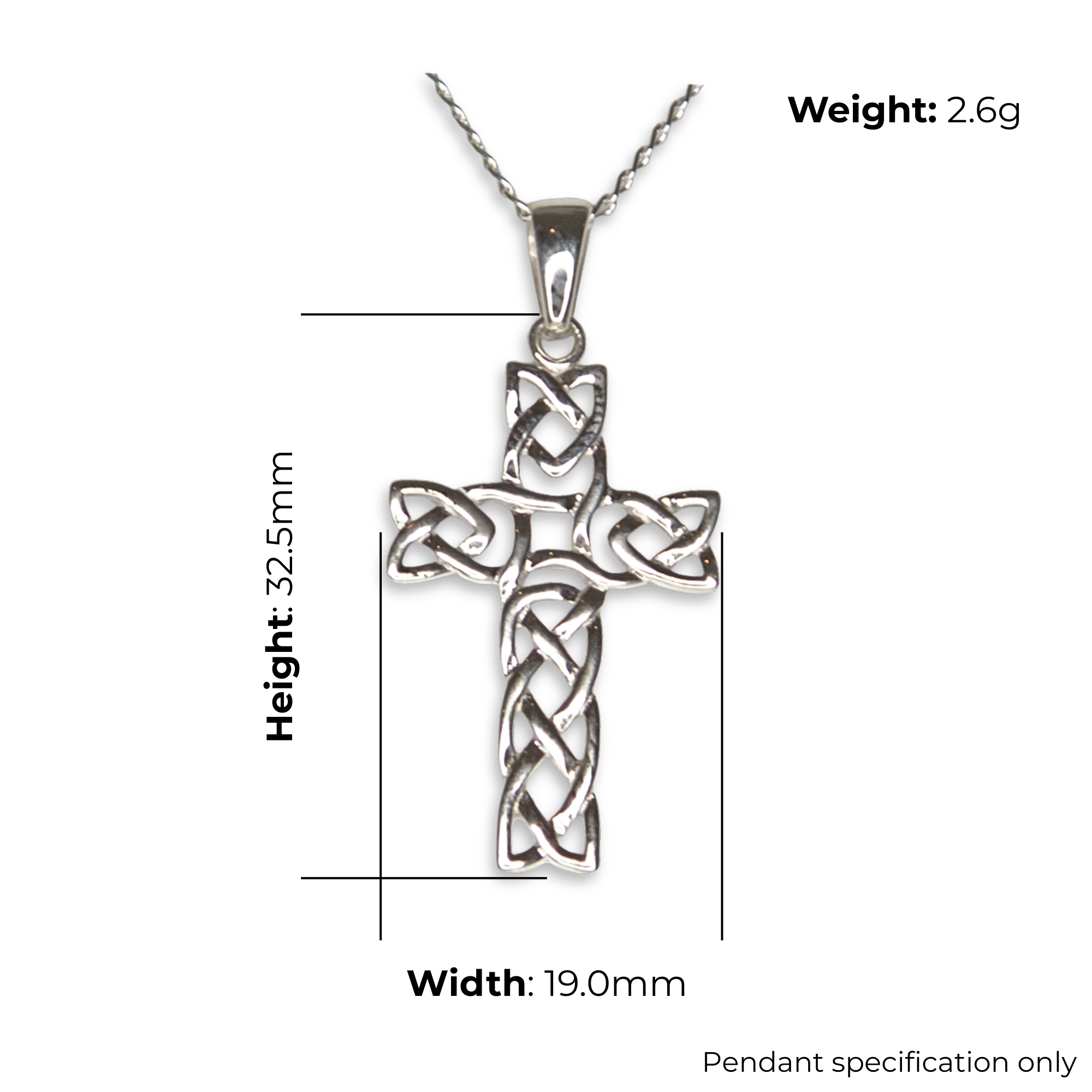 Sterling Silver Celtic cross pendant with open plaitwork knotwork, product dimensions shown, height 32.5mm, width 19mm, weight 2.6g, pendant specification only