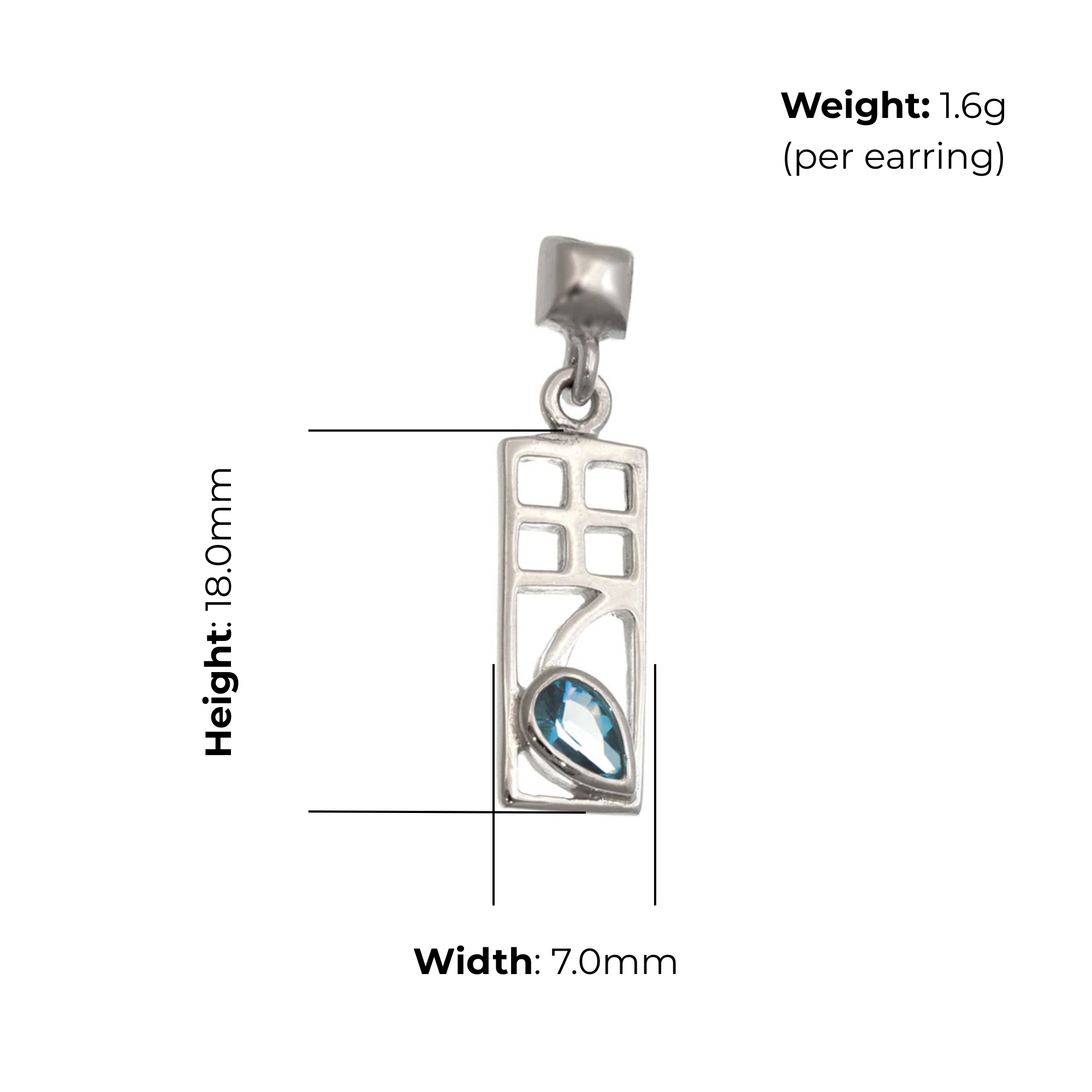 Sterling Silver Charles Rennie Mackintosh Column Drop Earrings, blue topaz, product dimensions shown, width 7mm, height 18mm, weight 1.6g per earring