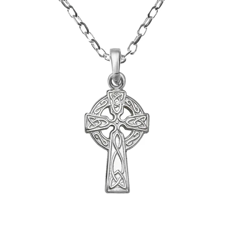 Sterling Silver petite Celtic cross pendant, ringed crosshead with open knotwork, interlaced embossed shaft, 20mm
