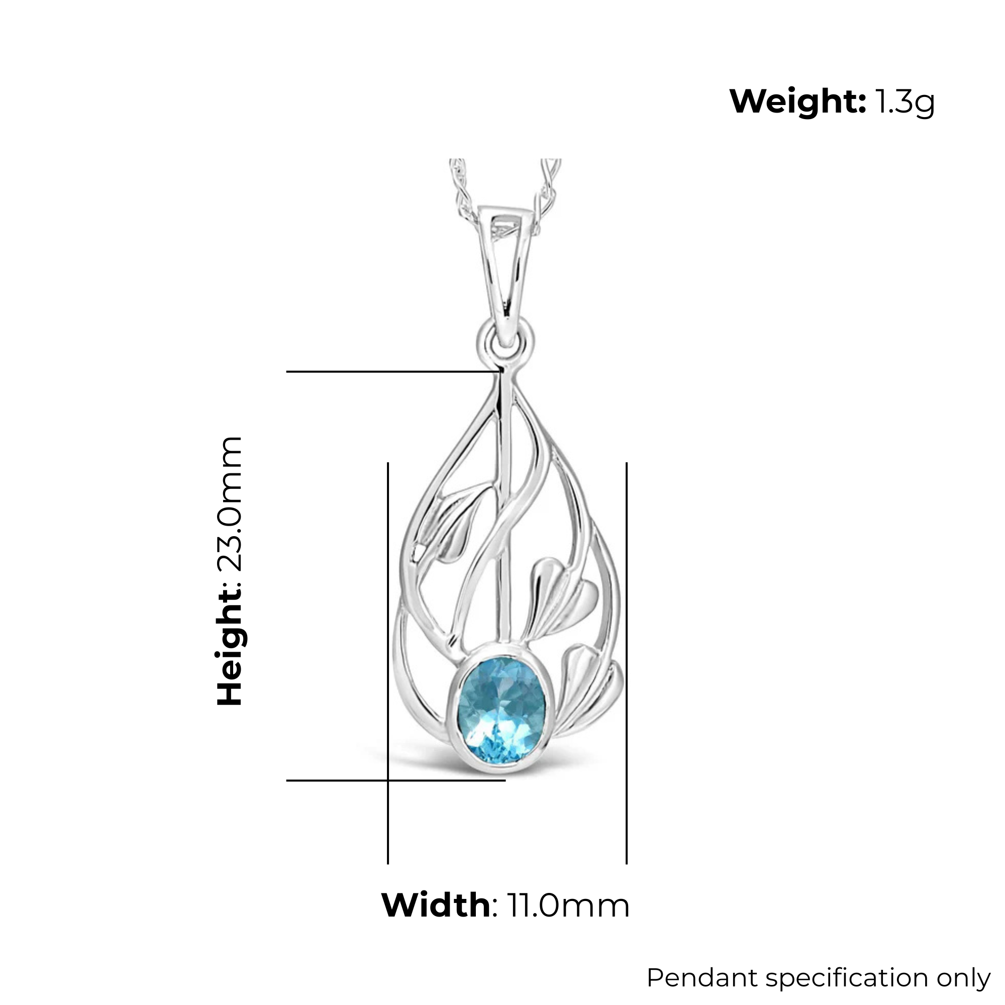 Sterling Silver Charles Rennie Mackintosh Teardrop Pendant, botanical stem design, product dimensions shown, width 11mm, height 23mm, weight 1.3g, pendant specification only