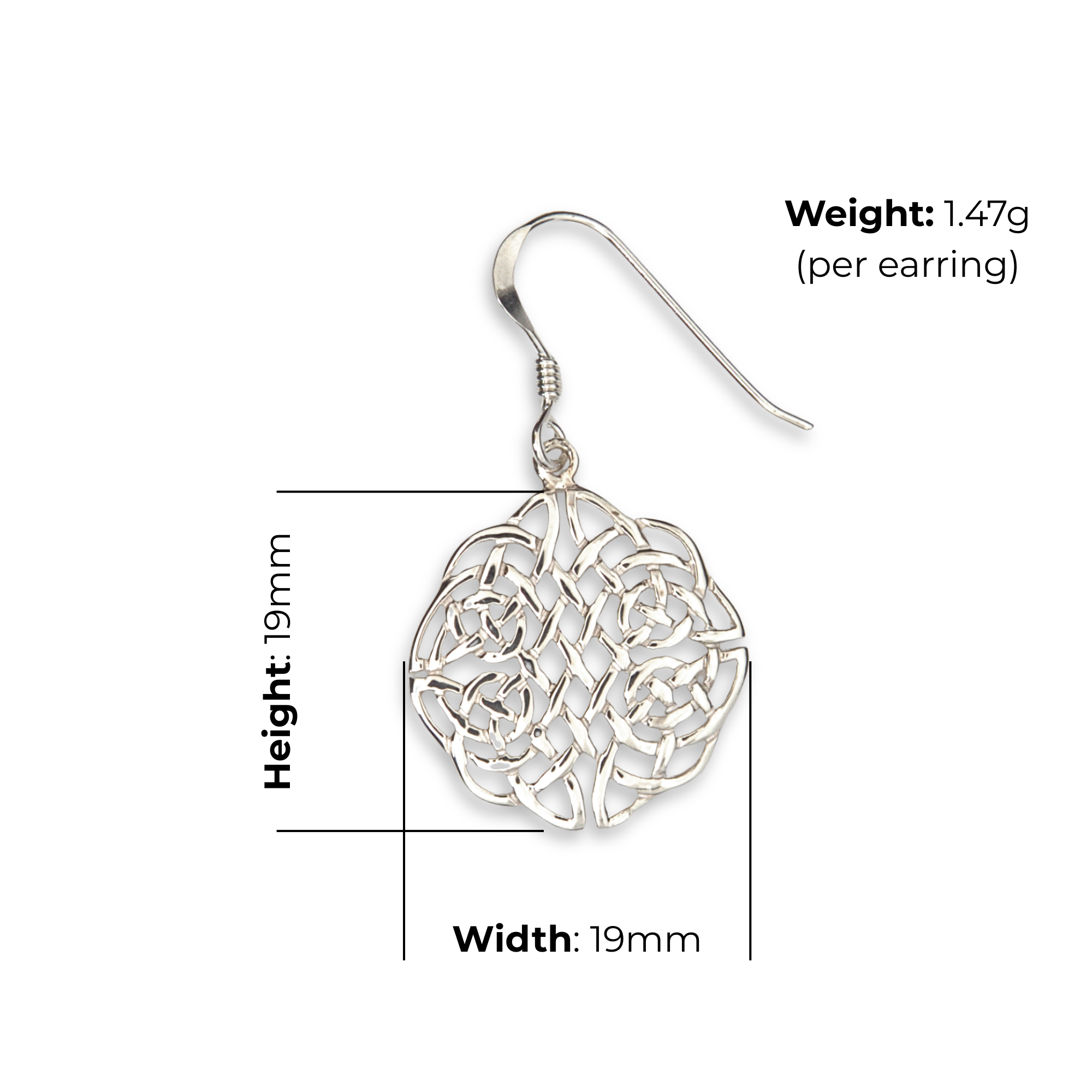 Sterling Silver Celtic Knotwork Disc Drop Earrings, all-over interlaced plaitwork, high mirror polish, fish hook fitting, product dimensions shown, width 19mm, height 19mm, weight 1.47g per earring.