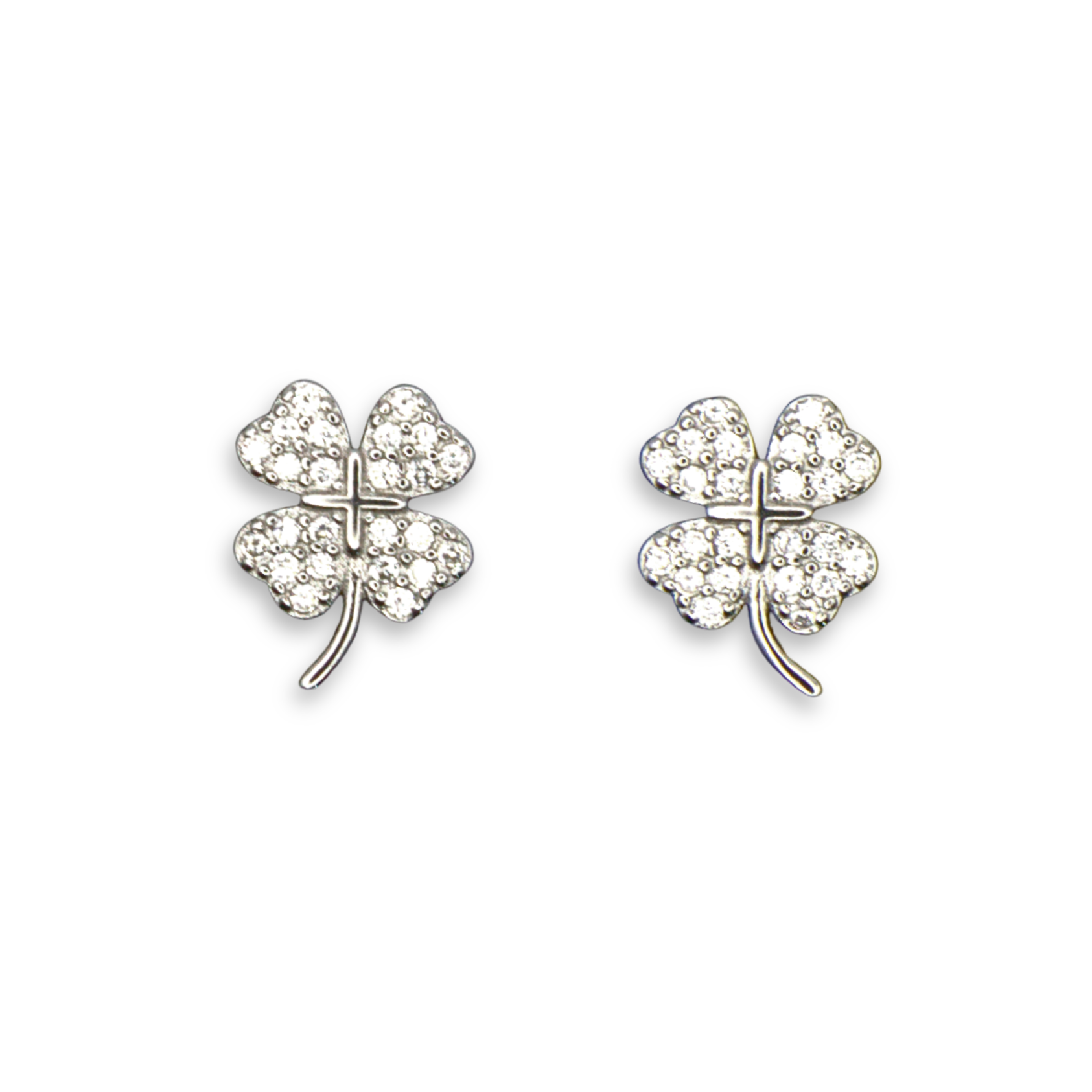 Sterling Silver Four-Leaf Clover Stud Earrings, Pave-Set CZ Detail