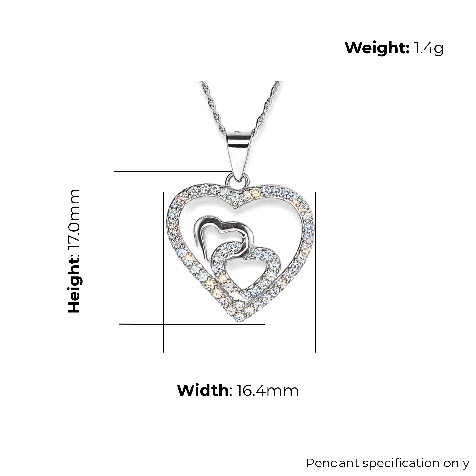 Sterling Silver Triple Heart Pendant with CZ, product dimensions shown, width 16.4mm, height 17mm, weight 1.4, pendant specification only