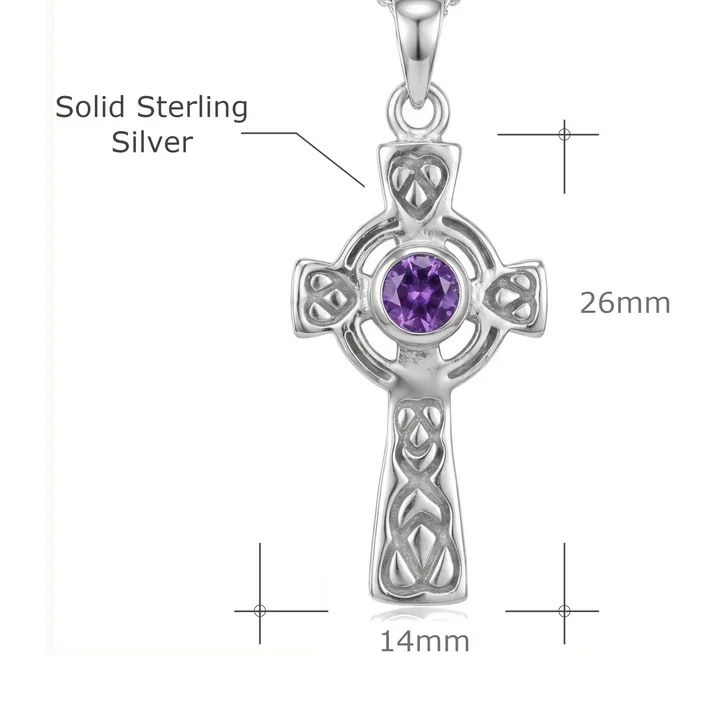 Sterling Silver Celtic cross pendant with amethyst, product dimensions shown, 26mm height by 14mm width