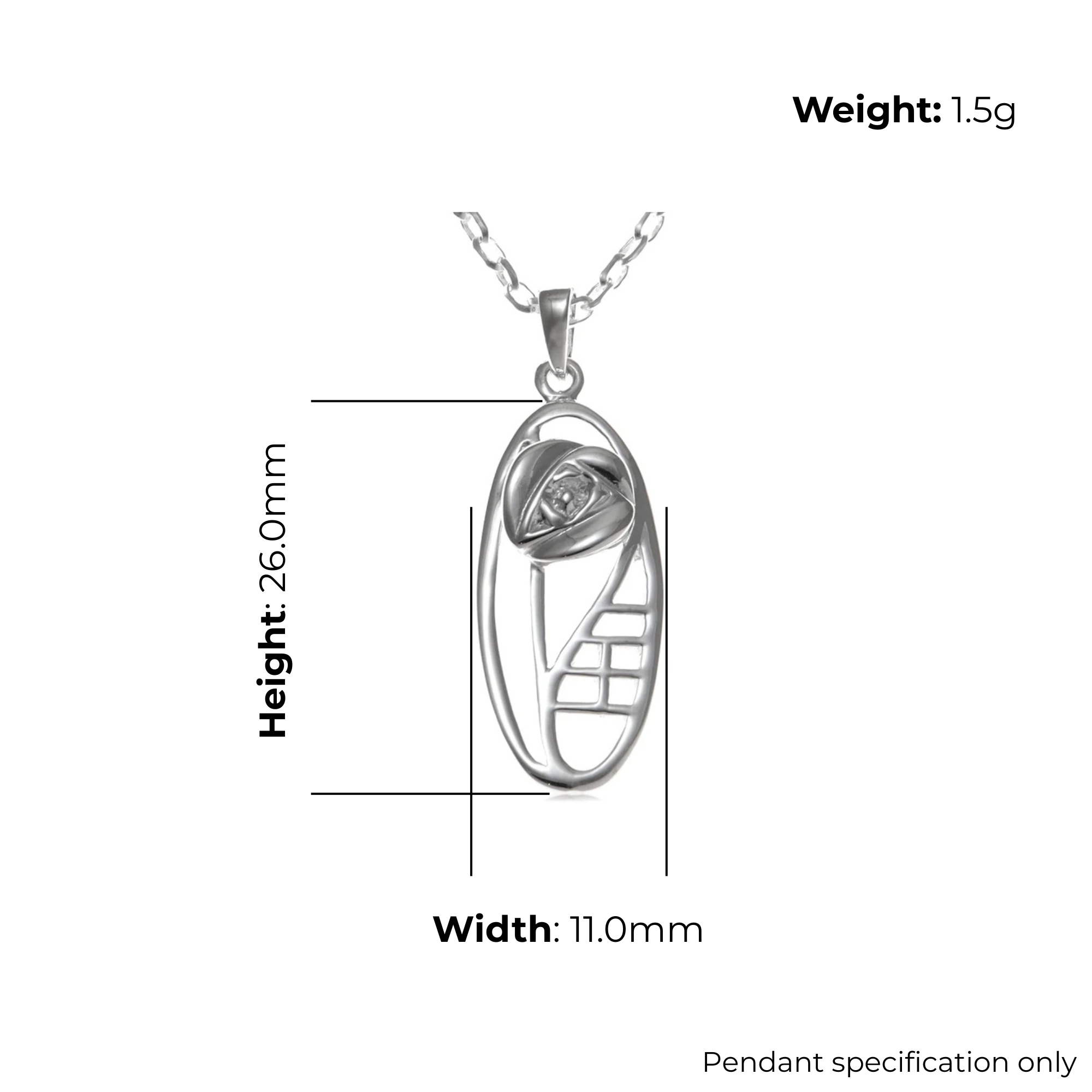 Sterling Silver Charles Rennie Mackintosh Oval Pendant, sculpted rose design, product dimensions shown, width 11mm, height 26mm, weight 1.5g, pendant specification only