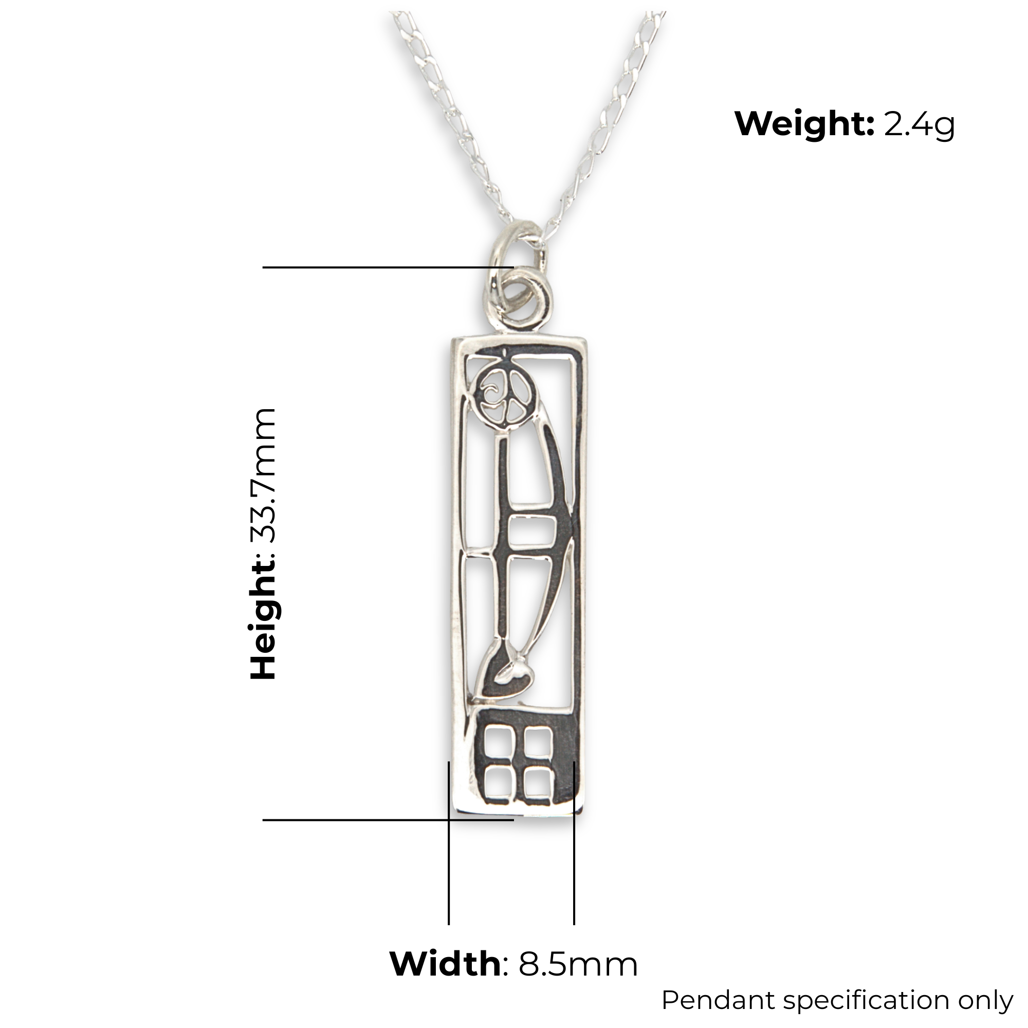 Sterling Silver Charles Rennie Mackintosh Pendant, sculpted rose, geometric grid cut-outs, product dimensions shown, width 8.5mm, height 33.7mm, weight 2.4g, pendant specification only