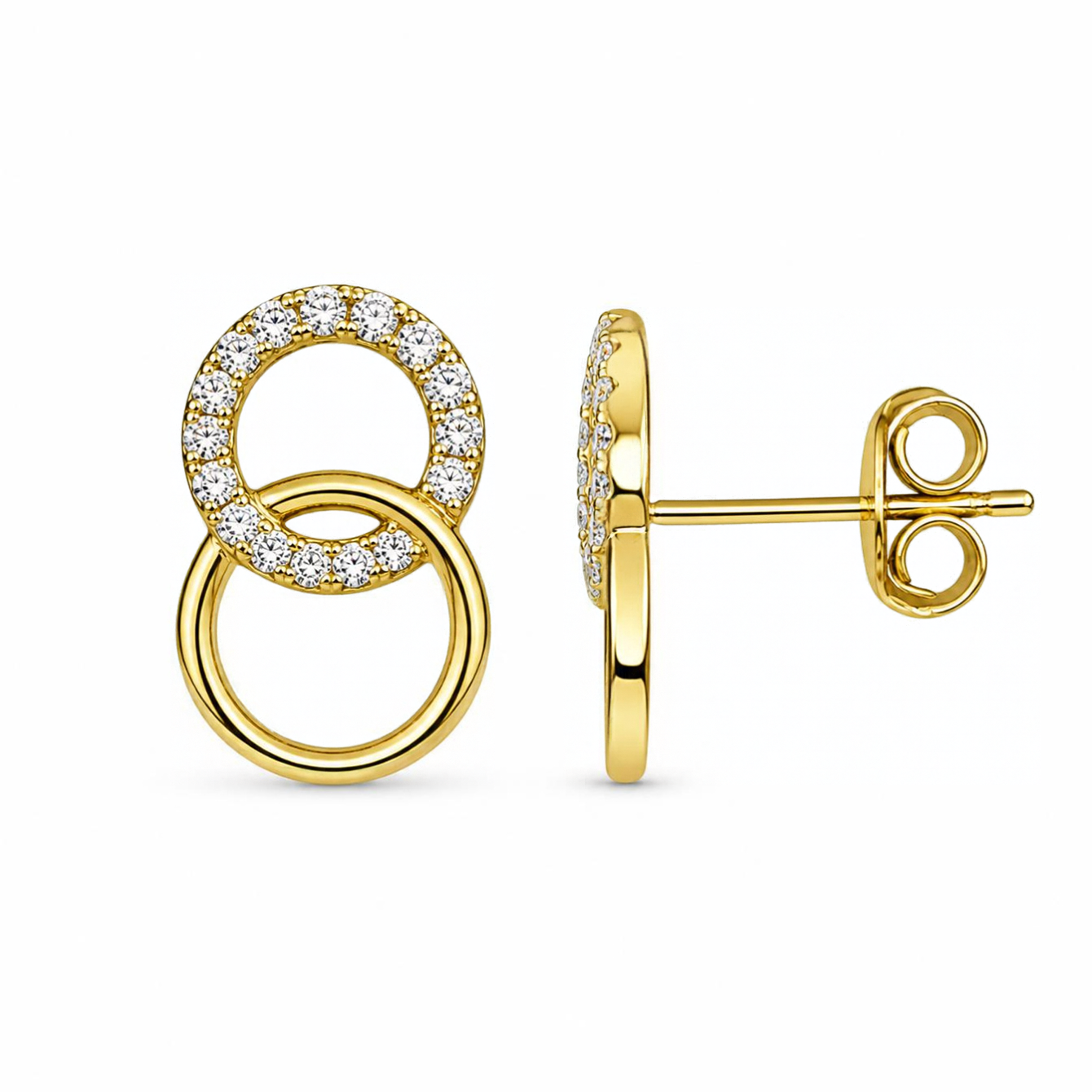 Sterling Silver Interlocking Circles Stud Earrings, Gold Plated, Pave-Set CZ