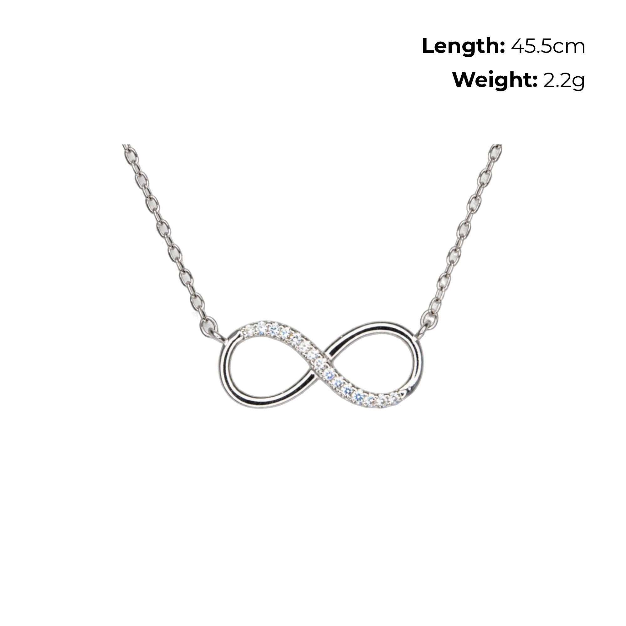 Sterling Silver Infinity Necklet with CZ, product dimensions shown, length 45.5cm, weight 2.2g