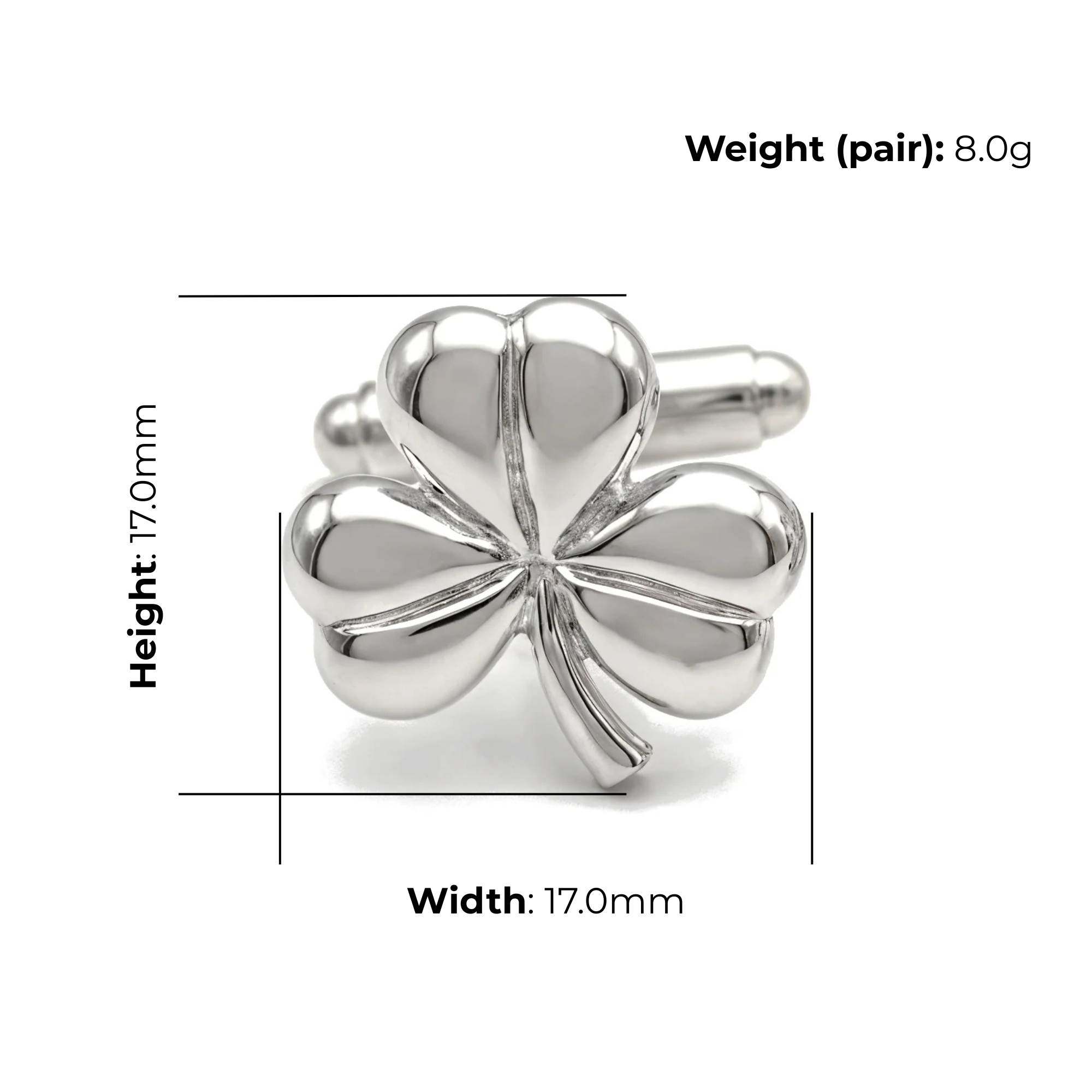 Sterling Silver Shamrock Cufflinks, domed relief design, product dimensions shown, width 17mm, height 17mm, weight (pair) 8g