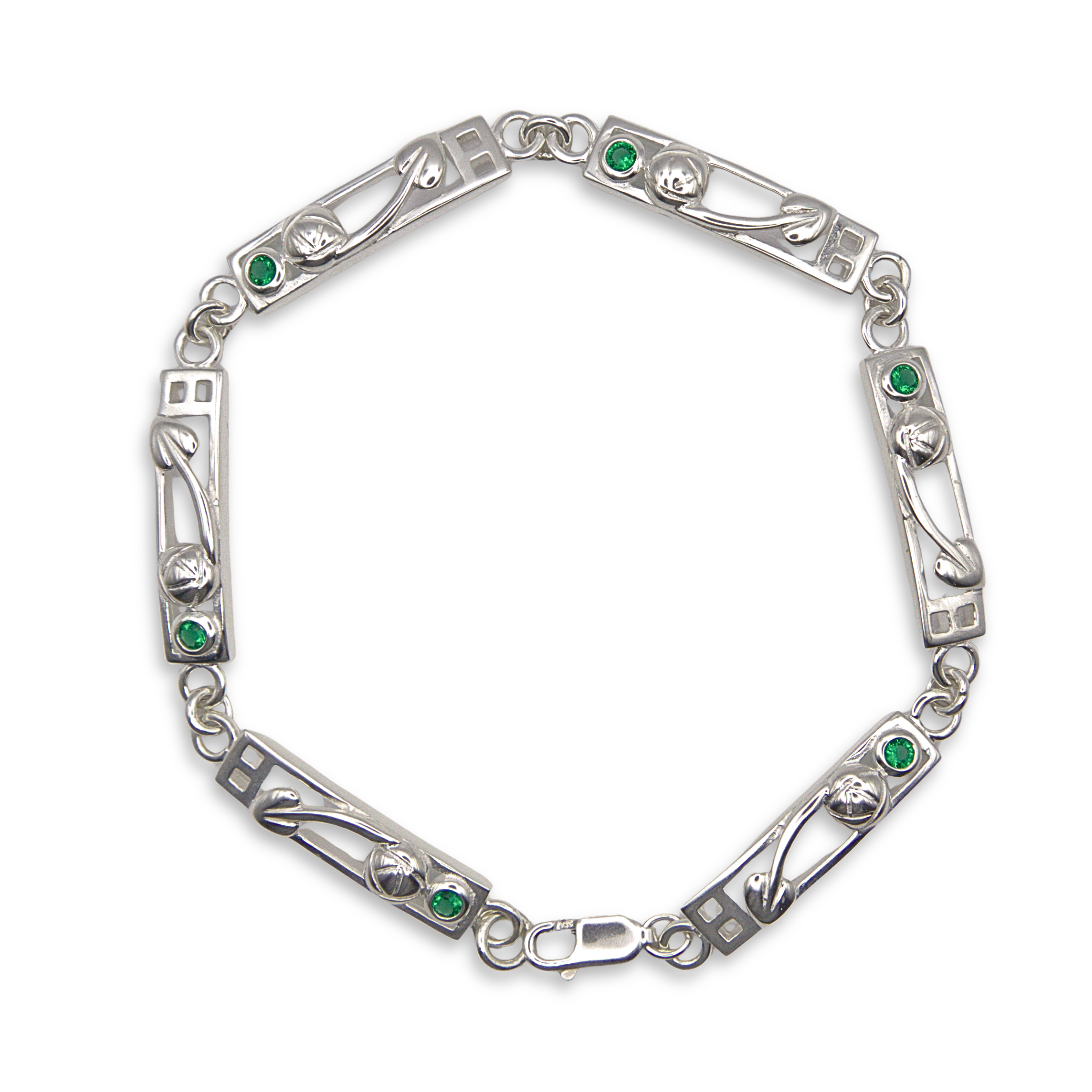 Sterling Silver & Green Stone Charles Rennie Mackintosh Bar Bracelet - 19cm