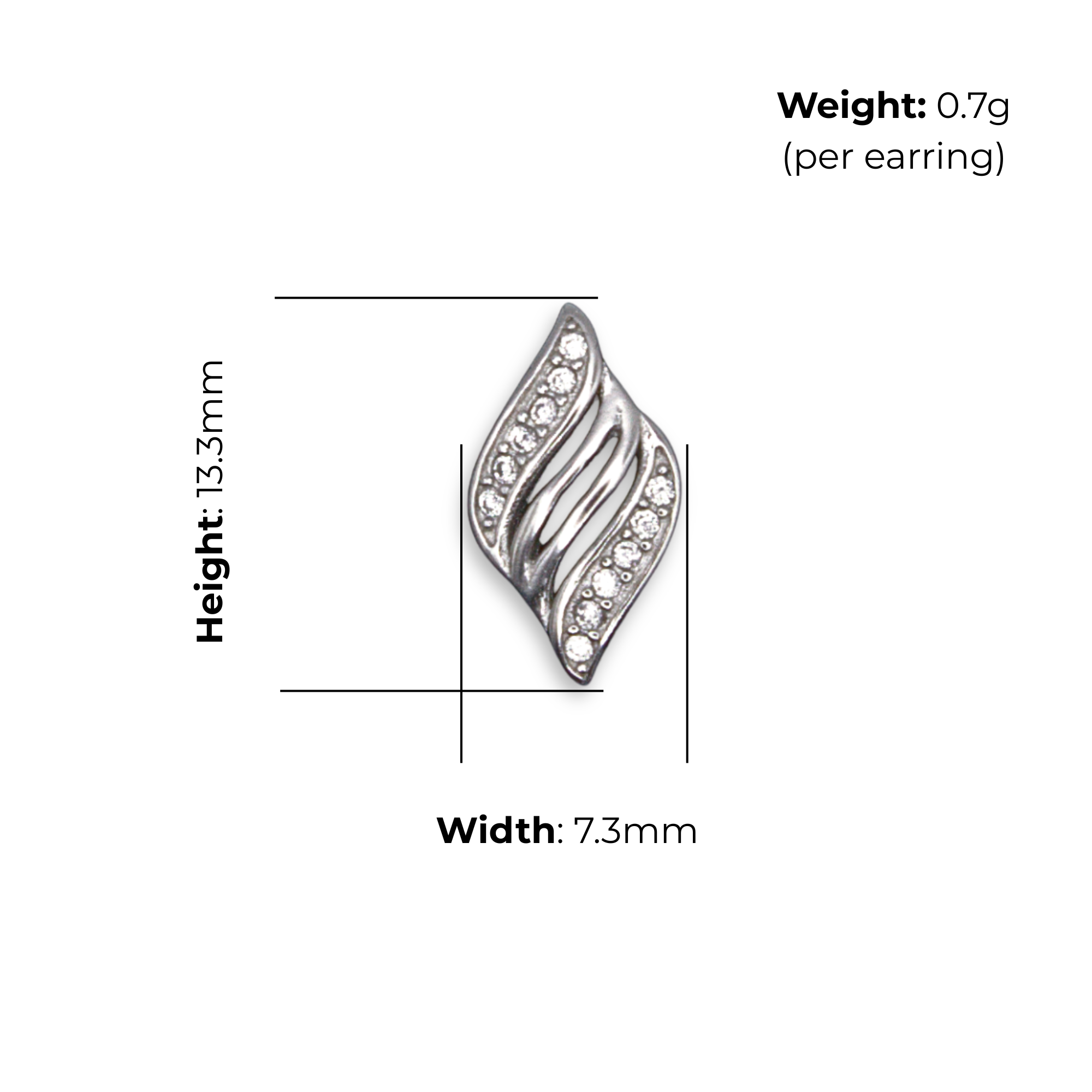 Sterling Silver Swirling Leaf CZ Stud Earrings, product dimensions shown, width 7.3mm, height 13.3mm, weight 0.7g per earring