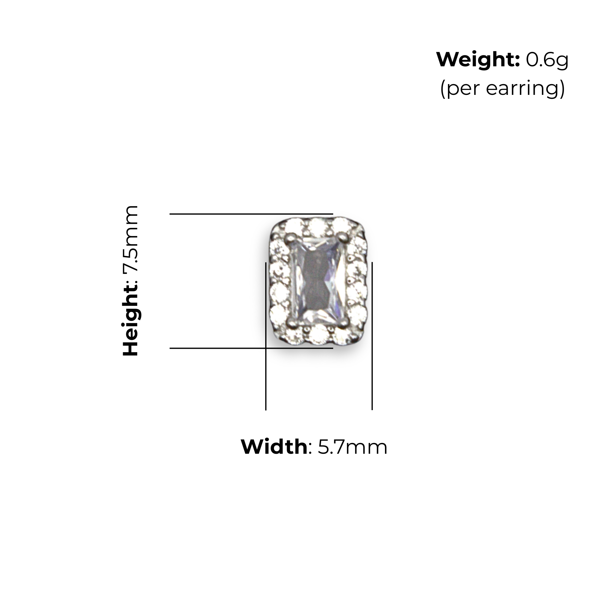 Sterling Silver CZ with Halo Stud Earrings, product dimensions shown, width 5.7mm, height 7.5mm, weight 0.6g per earring.