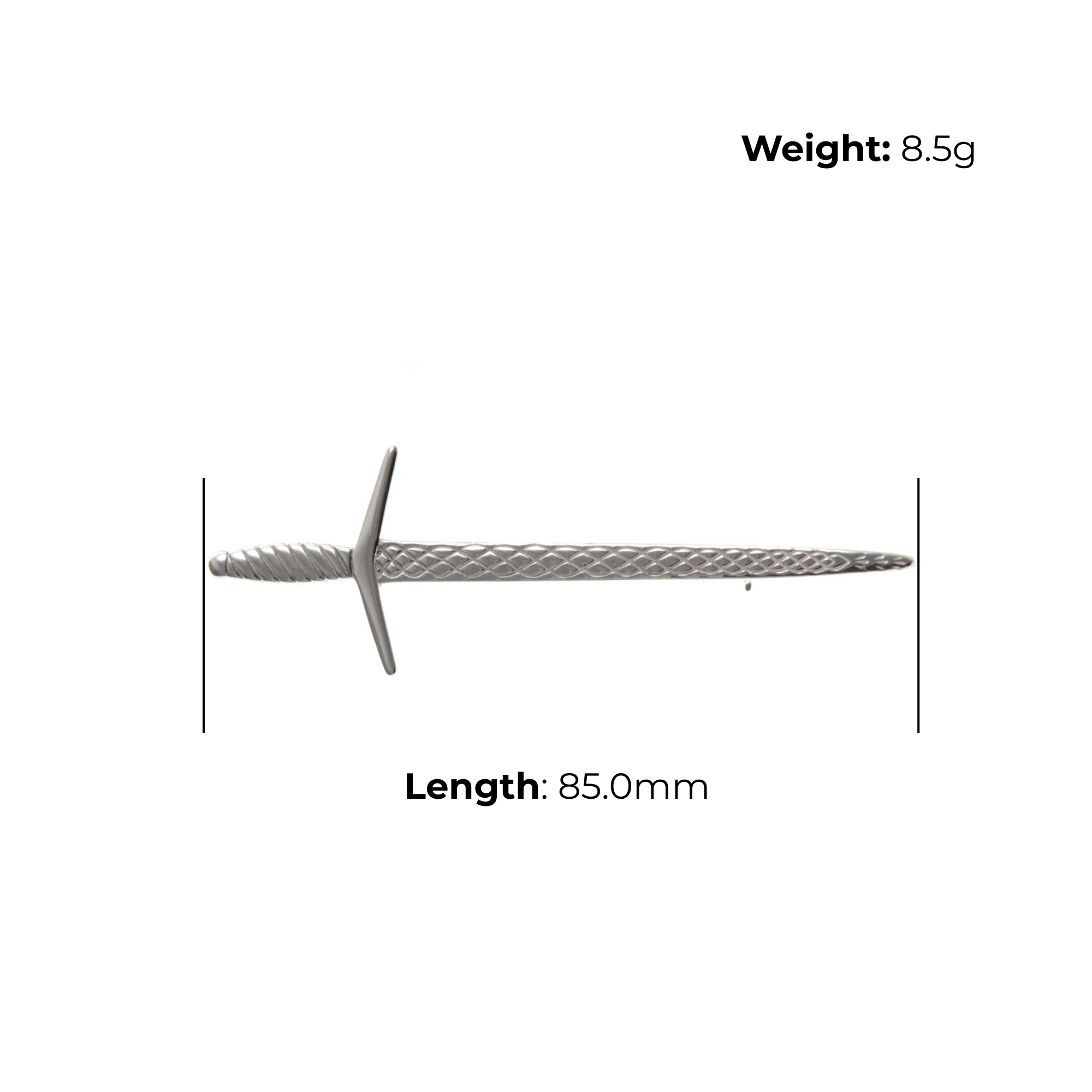 Sterling Silver Claymore Sword Kilt Pin, diamond lattice, product dimensions shown, length 85mm, weight 8.5g