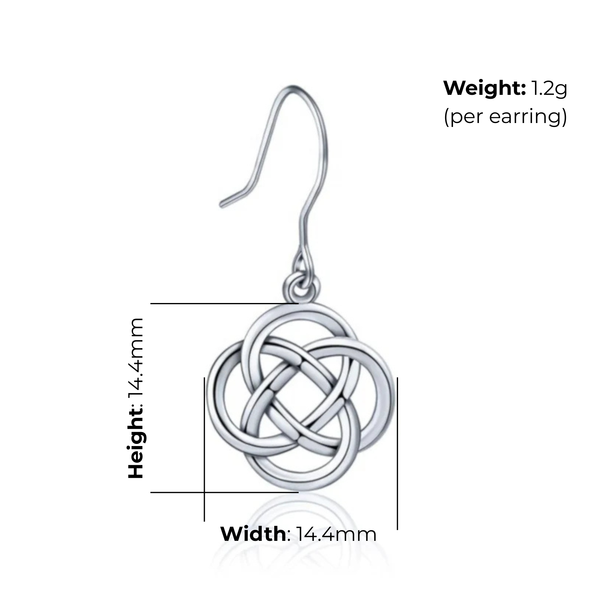 Sterling Silver Celtic Knotwork Round Drop Earrings, four-lobed interlaced design, product dimensions shown, width 14.4mm by 14.4mm height, weight 1.2g (per earring)