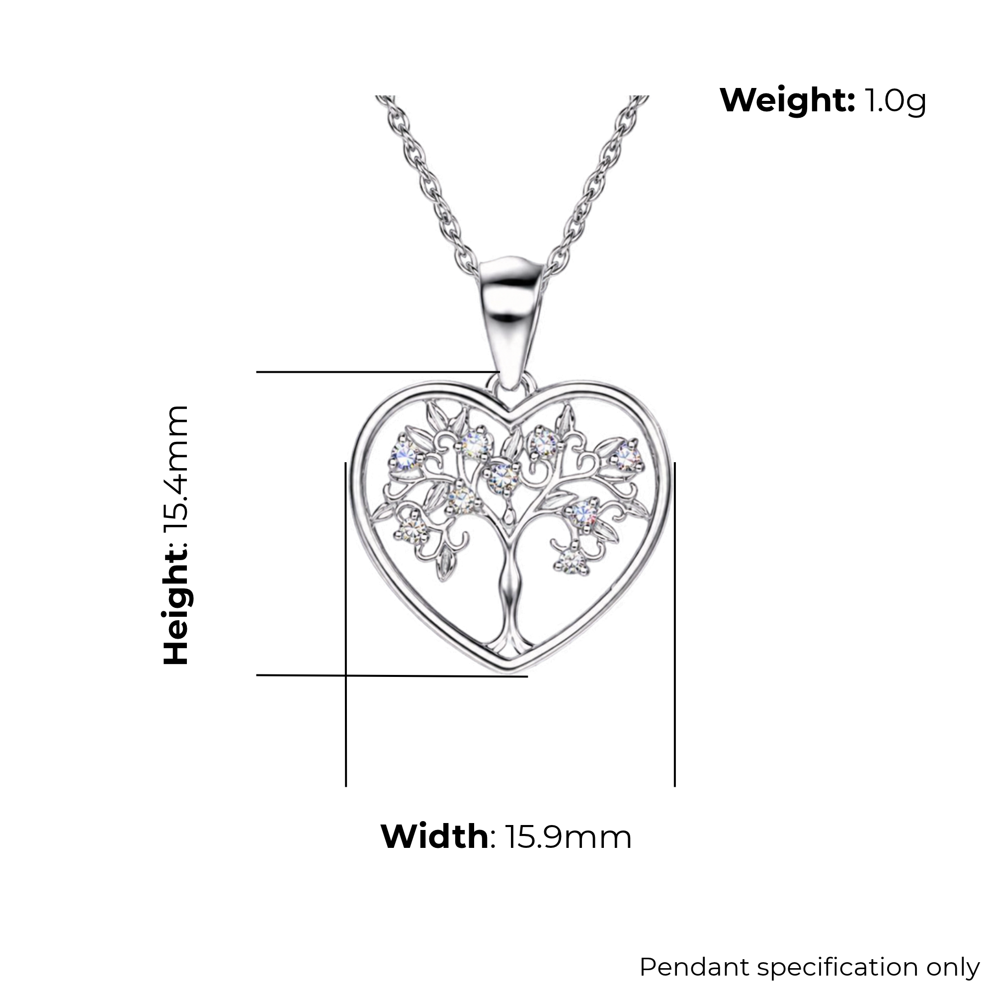 Sterling Silver Tree of Life Heart Pendant, Pave-Set CZ Detail, product dimensions shown, width 15.9mm, height 15.4mm, weight 1.0g, pendant specification only.