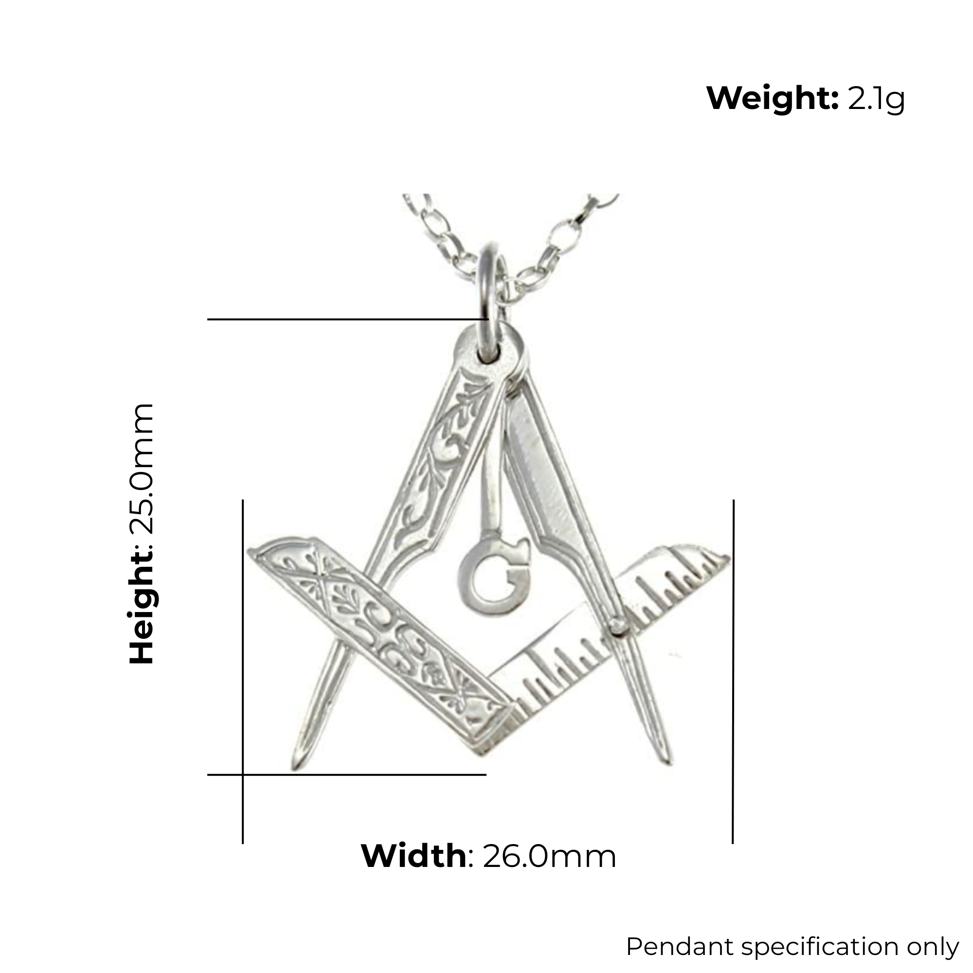 Sterling Silver Masonic Square and Compass Pendant, engraved foliate detail, product dimensions shown, width 26mm, height 25mm, weight 2.1g, pendant specification only