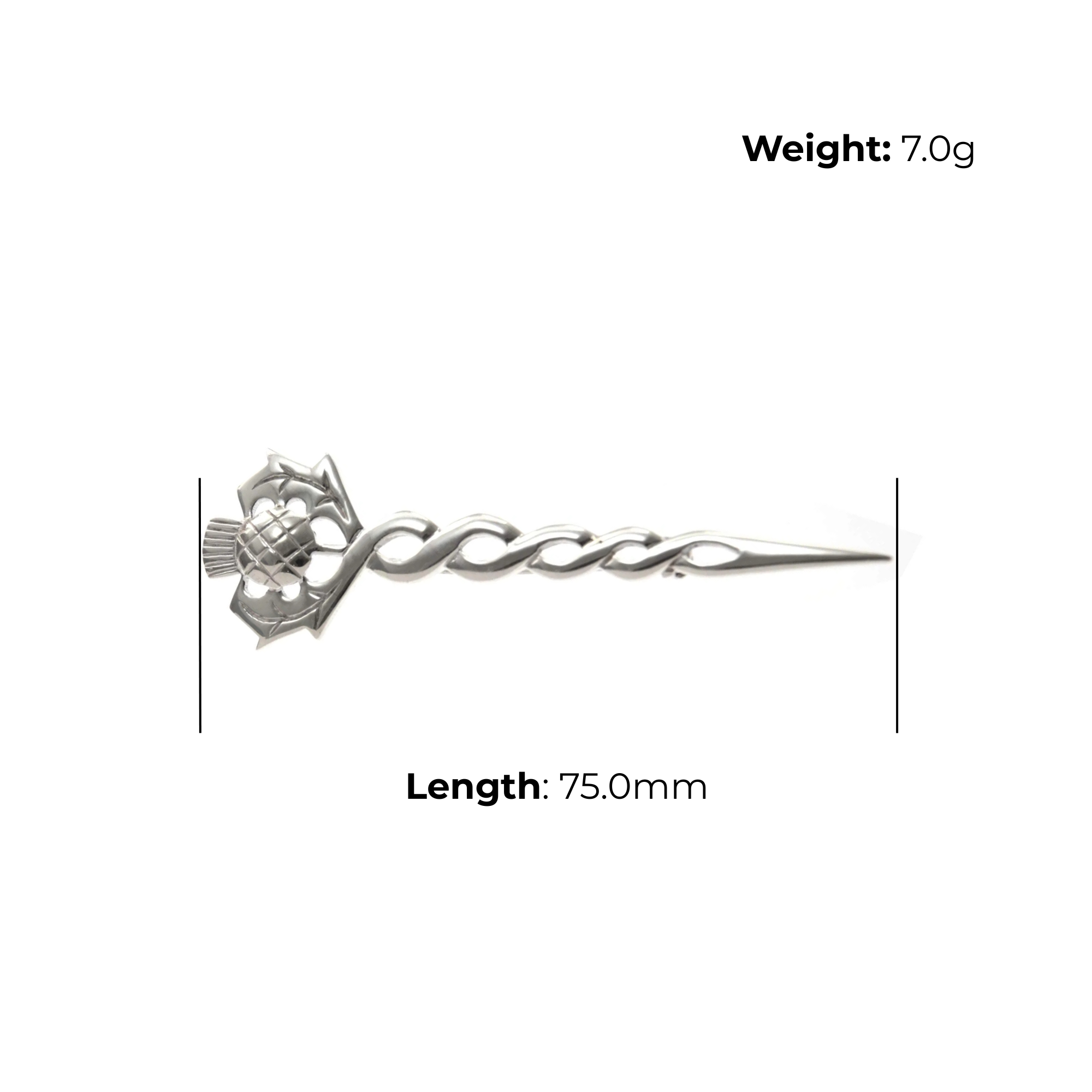 Sterling Silver Thistle Kilt Pin, Celtic knotwork stem, product dimensions shown, length 75mm, weight 7g