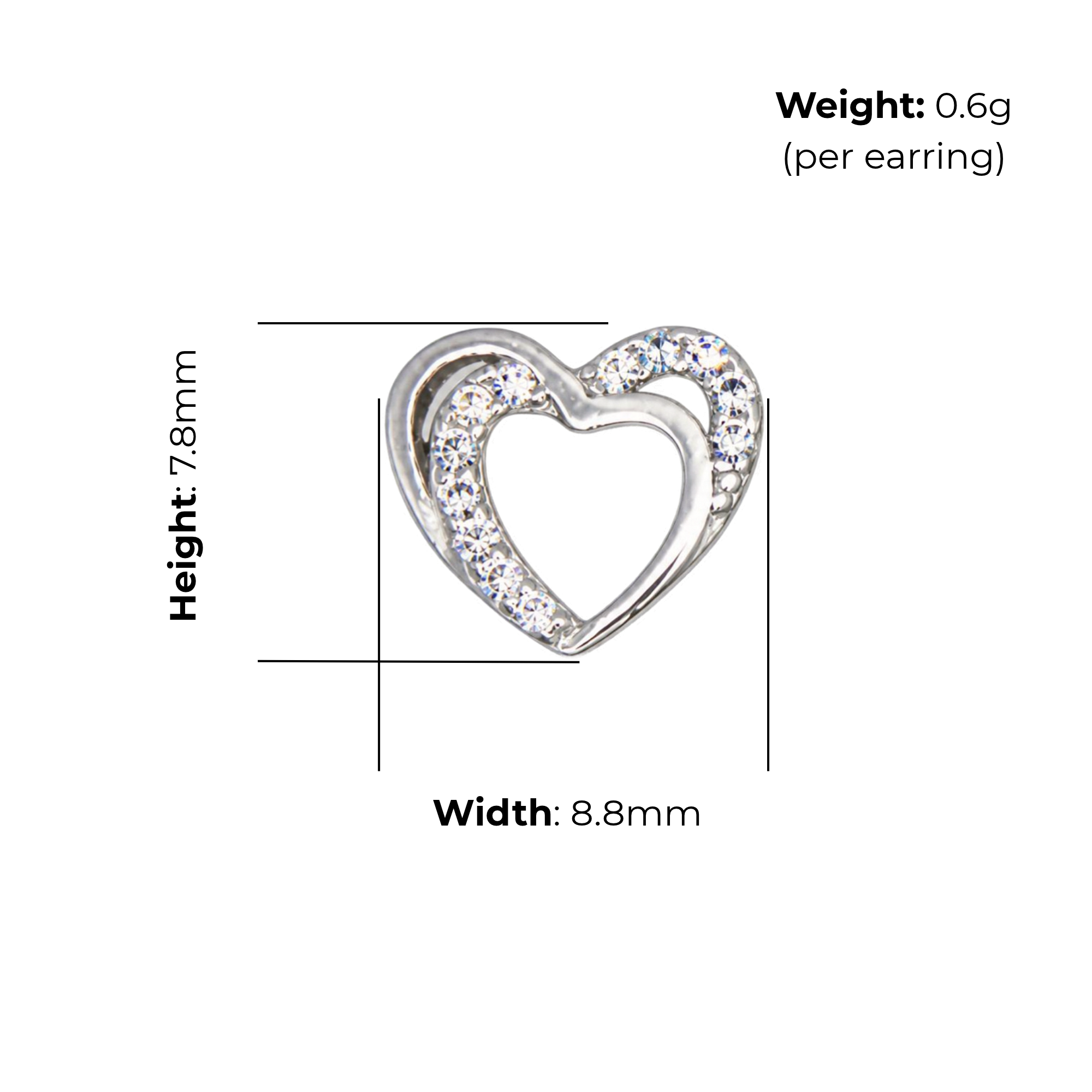 Sterling Silver Double Outline Heart Stud Earrings, Pave-Set CZ, product dimensions shown, width 8.8mm, height 7.8mm, weight 0.6g per earring.