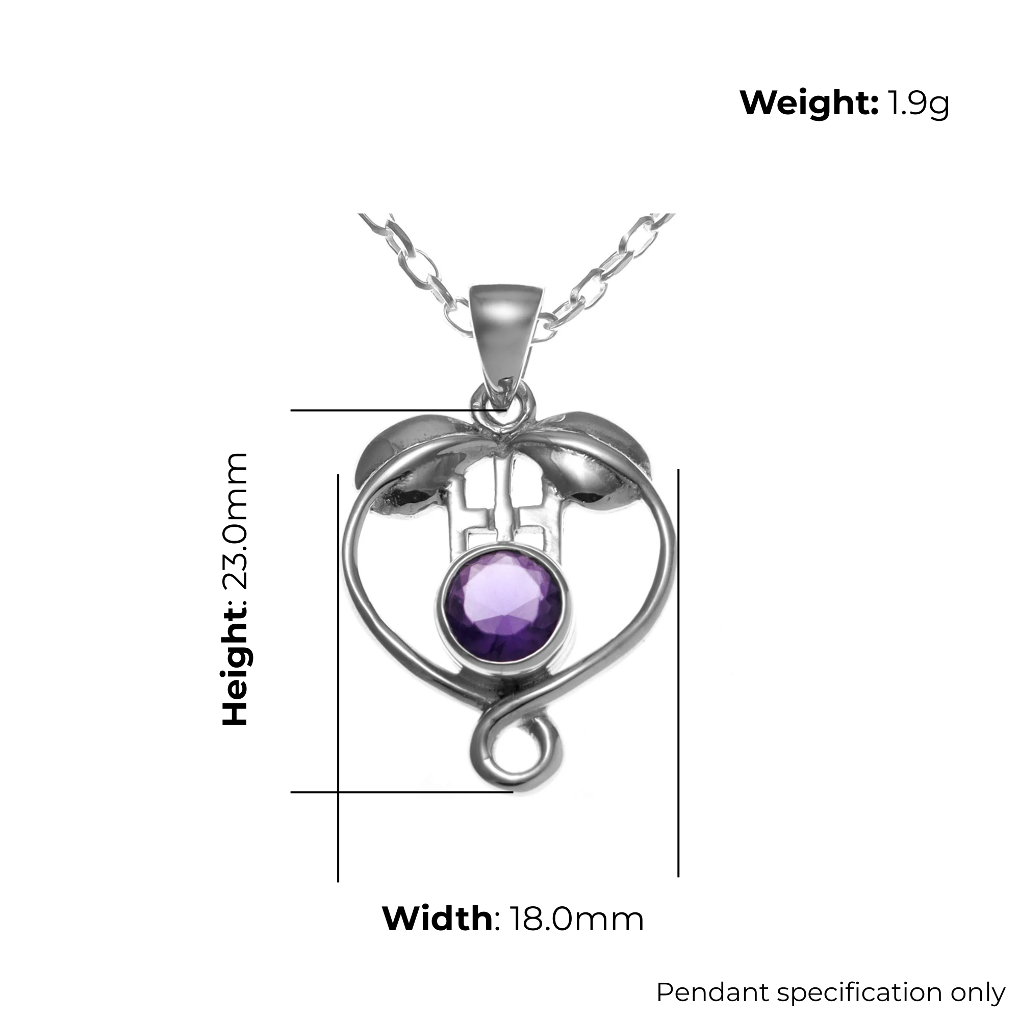 Sterling Silver Charles Rennie Mackintosh Heart Pendant, botanical design, product dimensions shown, width 18mm, height 23mm, weight 1.9g, pendant specification only