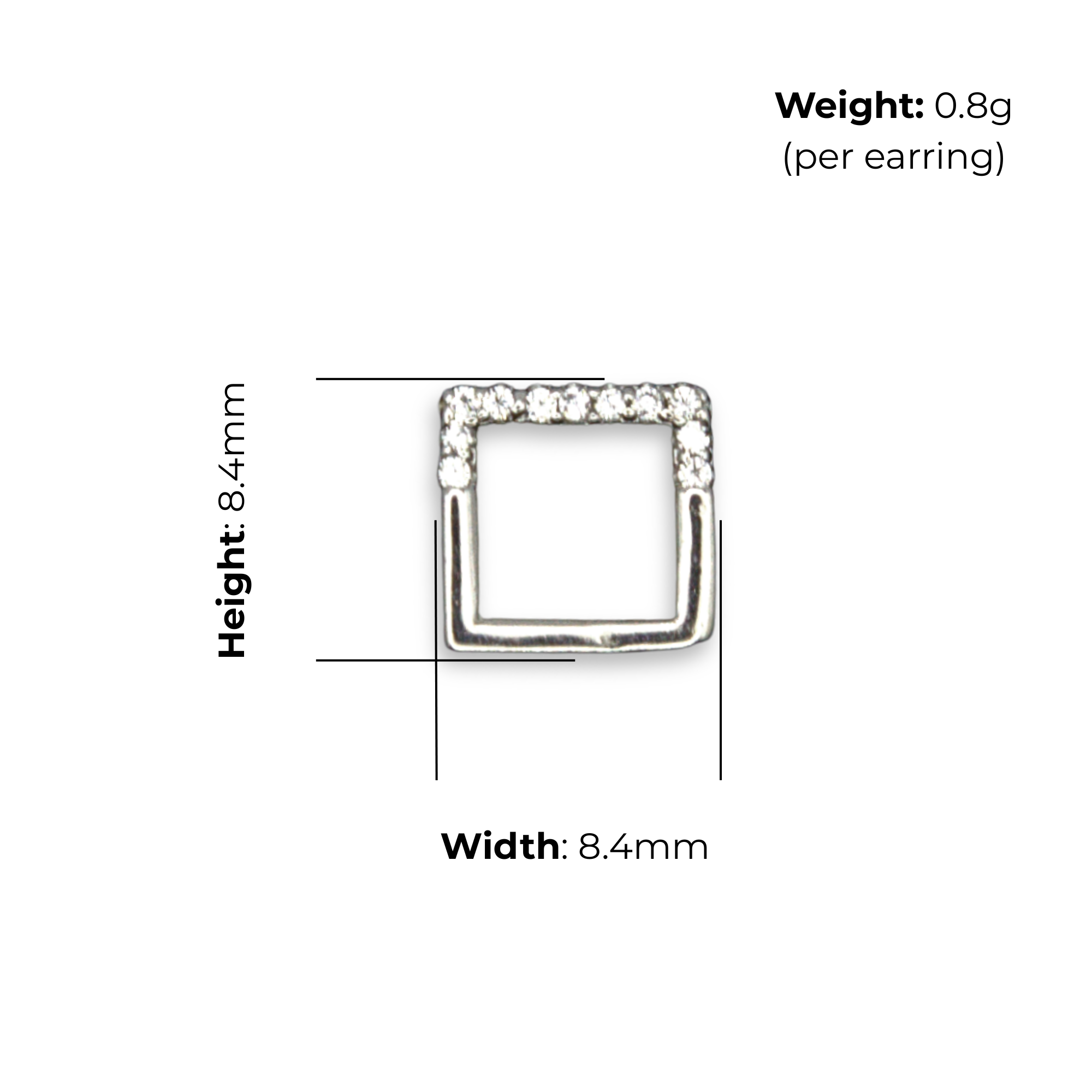 Sterling Silver Open Square Stud Earrings, Pave-Set CZ, product dimensions shown, width 8.4mm, height 8.4mm, weight 0.8g per earring.
