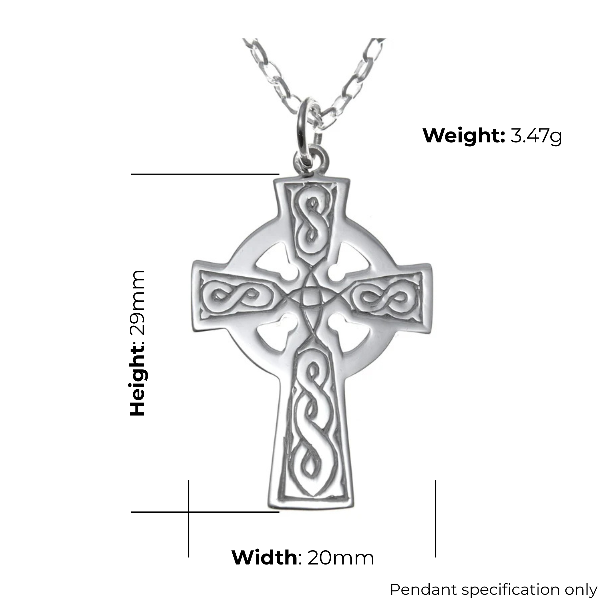 Sterling Silver Celtic cross pendant, solid arms and ring with S-scroll engraved knotwork, product dimensions shown, 20mm width by 29mm height, weight 3.47g, pendant specification only.