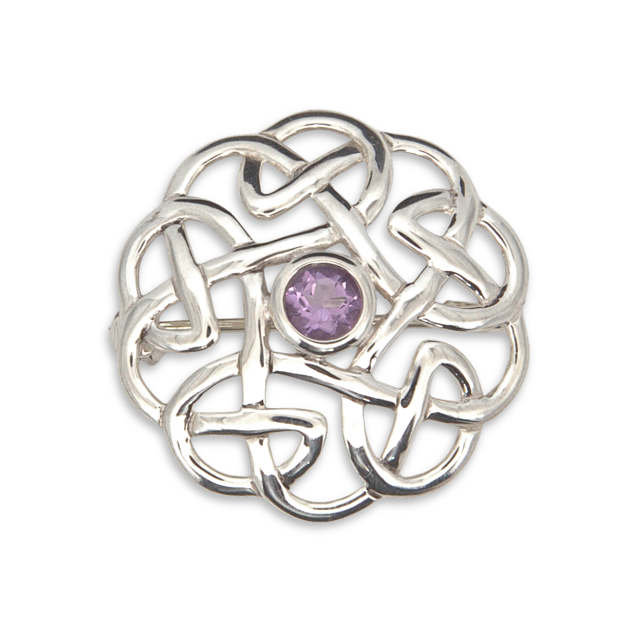 Sterling Silver Celtic Knotwork Brooch with purple stone, bezel set, 26mm