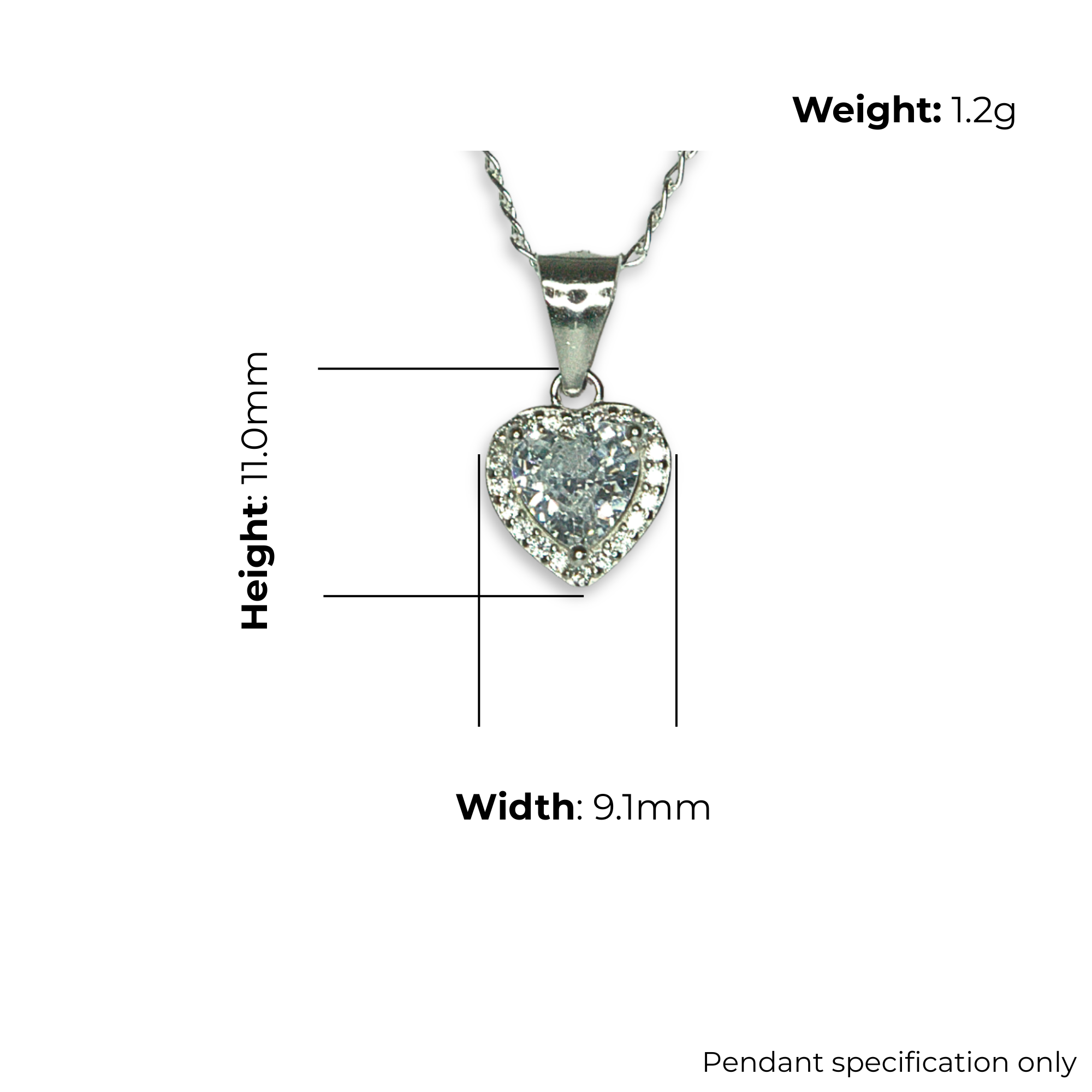 Sterling Silver Heart Halo Pendant, CZ, product dimensions shown, width 9.1mm, height 11.0mm, weight 1.2g, pendant specification only.