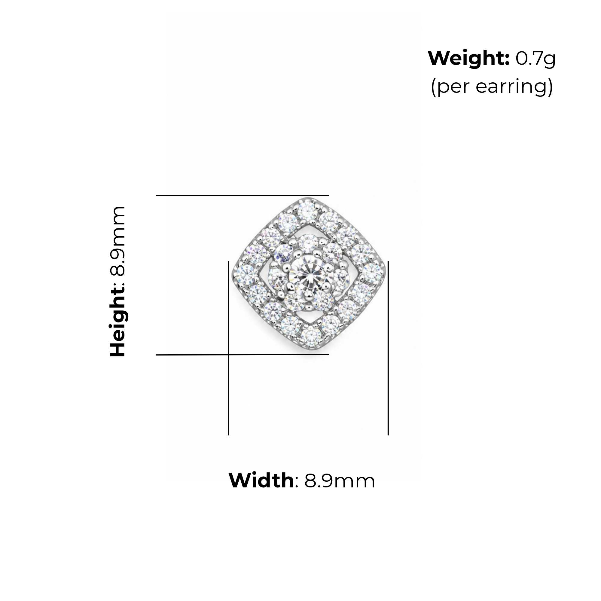 Sterling Silver CZ Cluster Stud Earrings, product dimensions shown, width 8.9mm, height 8.9mm, weight 0.7g per earring