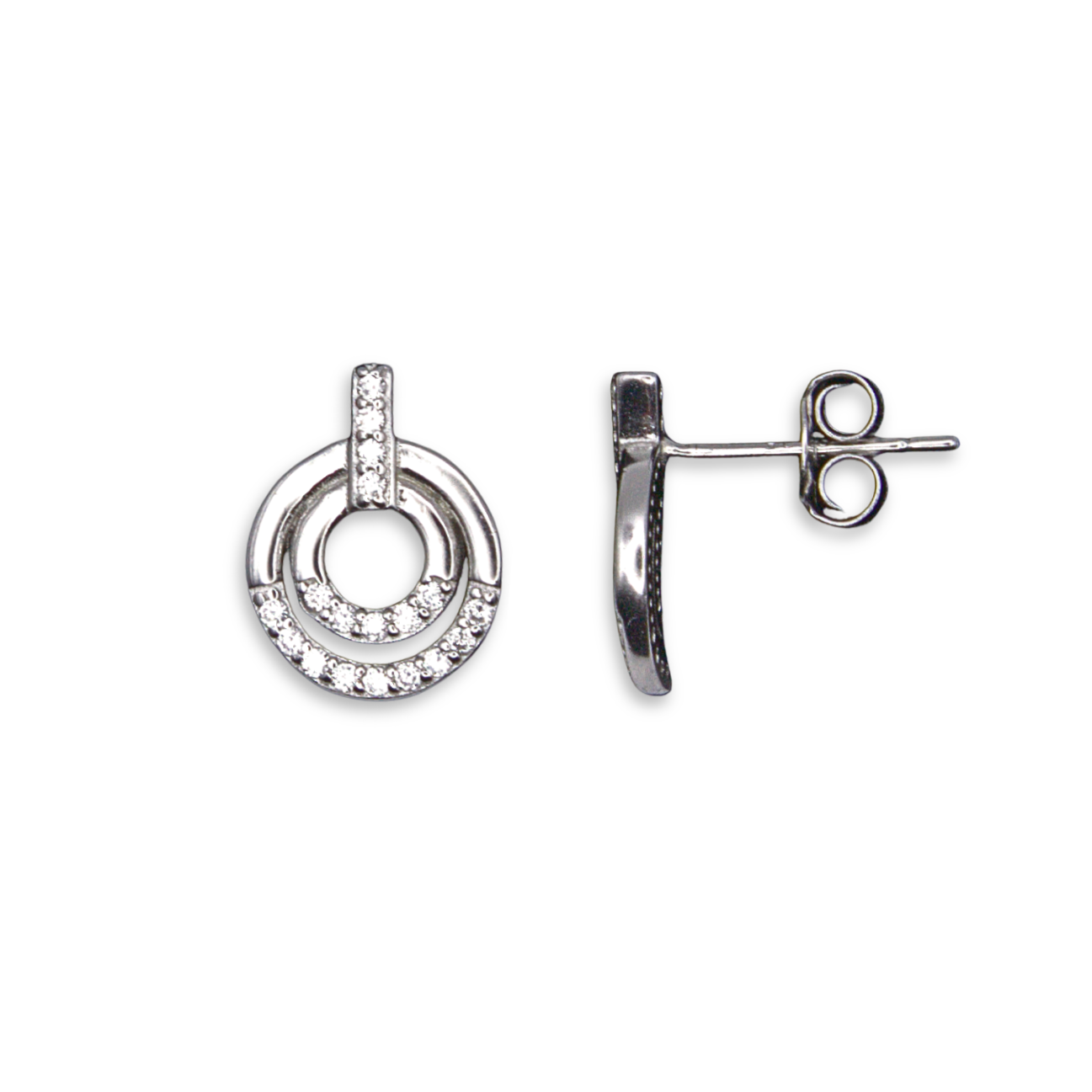 Sterling Silver Open Double Circle Stud Earrings with CZ
