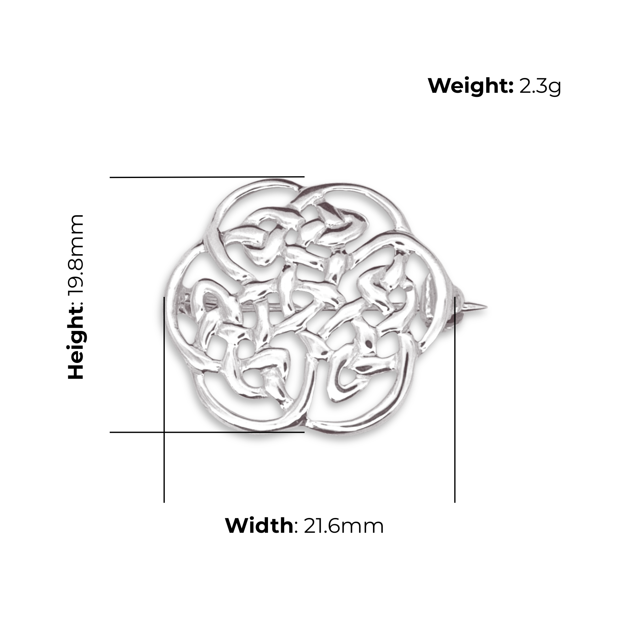 Sterling Silver Celtic Knotwork Round Brooch, dense interlaced design, product dimensions shown, width 21.6mm, height 19.8mm, weight 2.3g