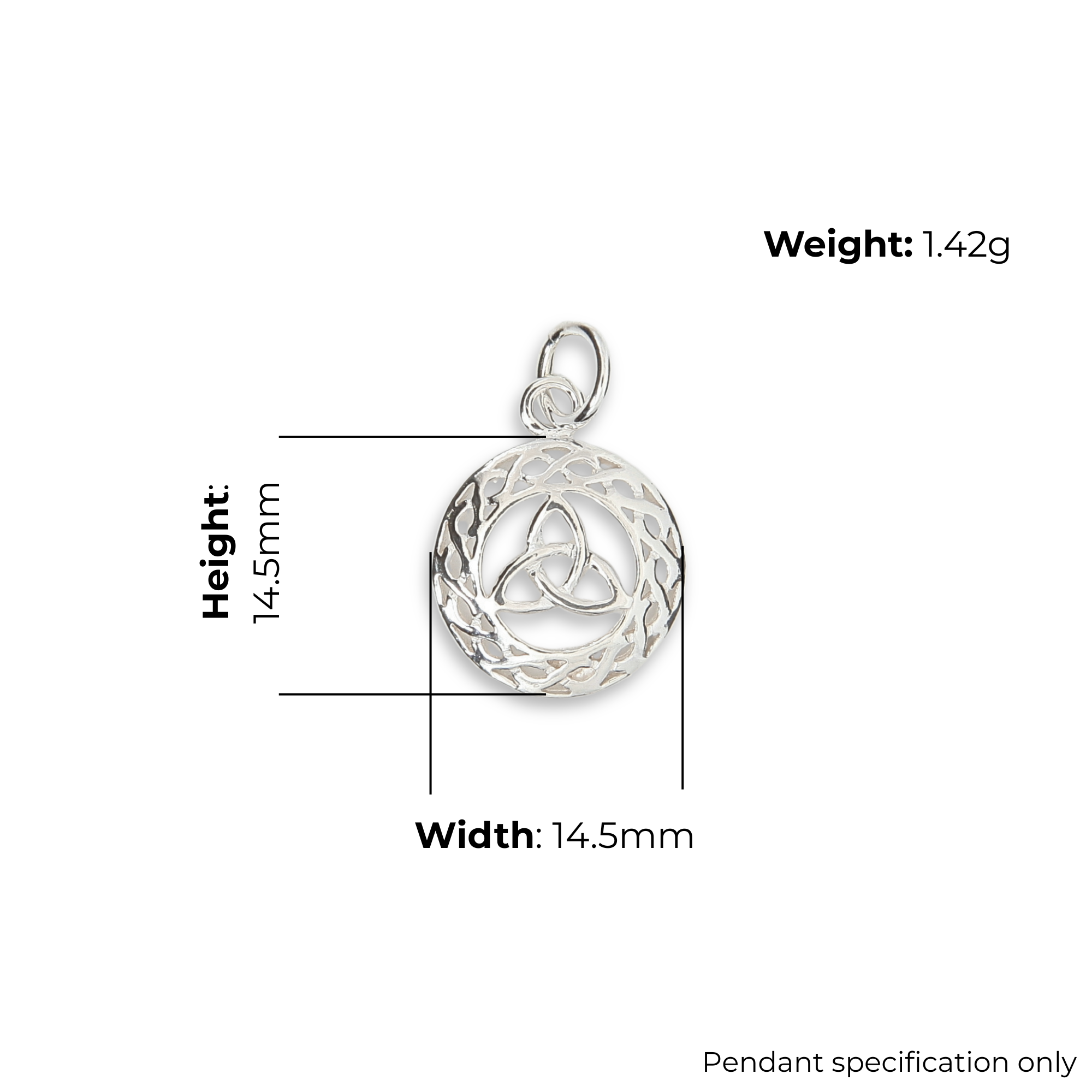 Sterling Silver Celtic Trinity Knot Pendant, triquetra within continuous knotwork band, high mirror polish, width 14.5mm, height 14.5mm, weight 1.42g, pendant specification only.