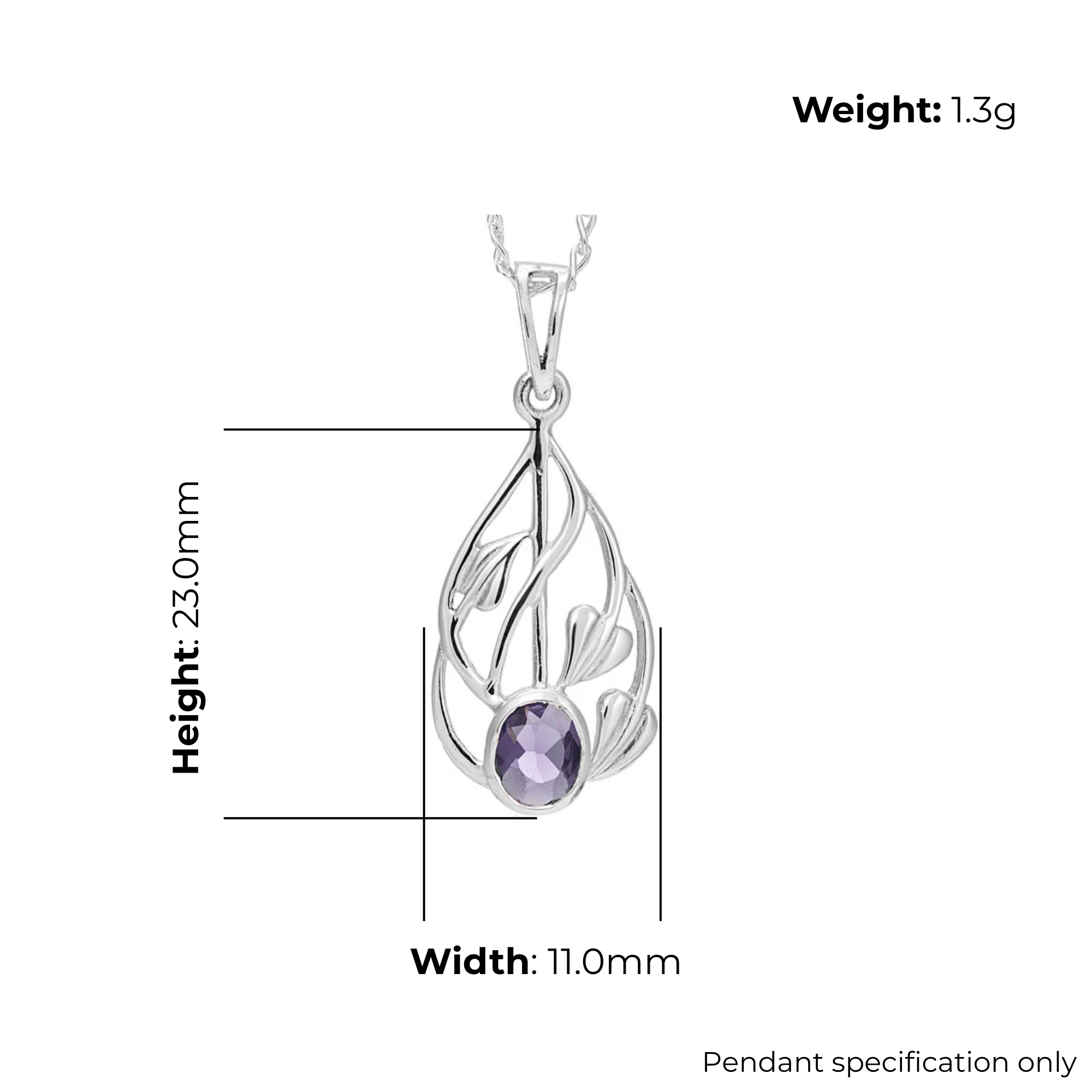 Sterling Silver Charles Rennie Mackintosh Teardrop Pendant, botanical stem design, product dimensions shown, width 11mm, height 23mm, weight 1.3g, pendant specification only