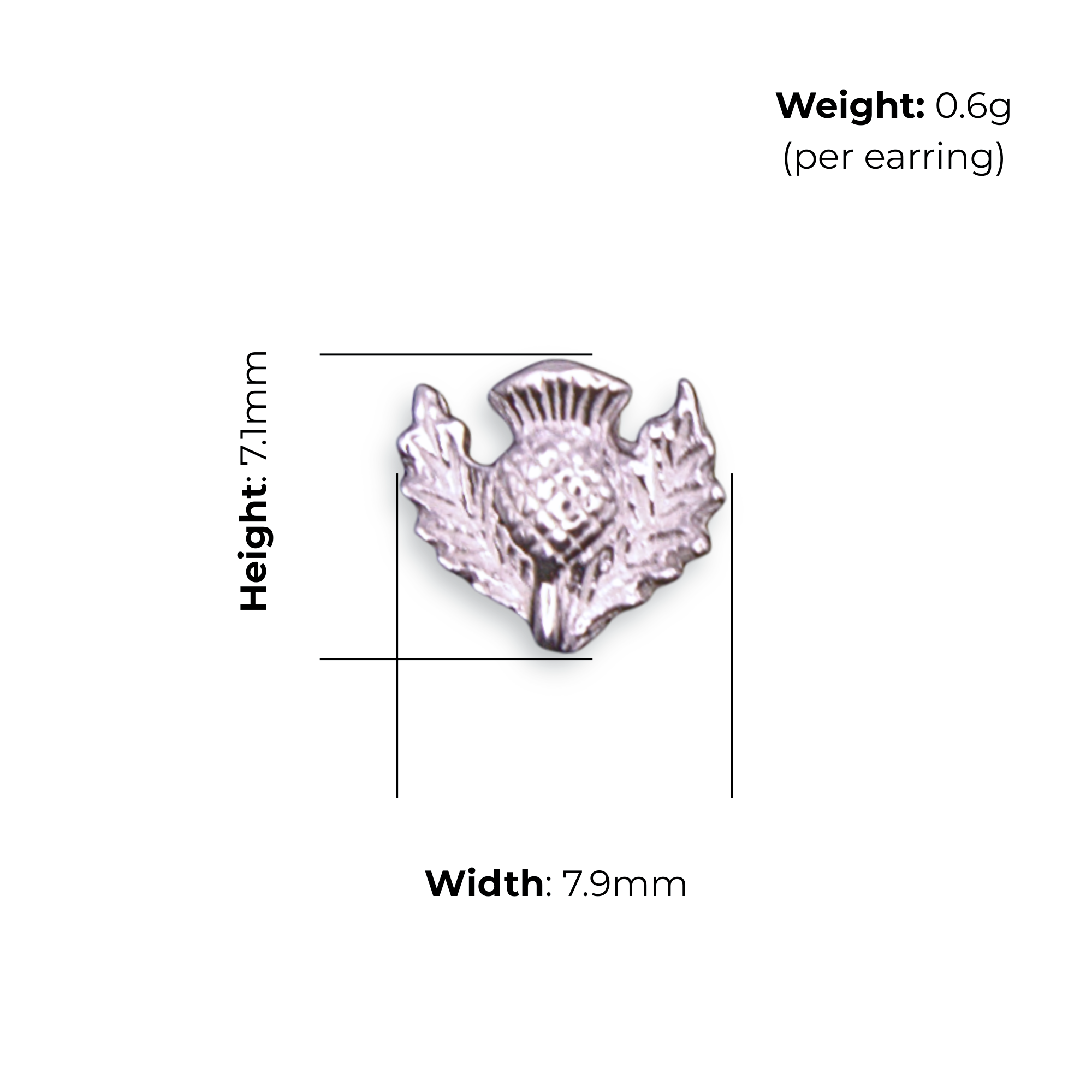 Sterling Silver Thistle Stud Earrings, Sculptural Design, product dimensions shown, width 7.9mm, height 7.1mm, weight 0.6g per earring.